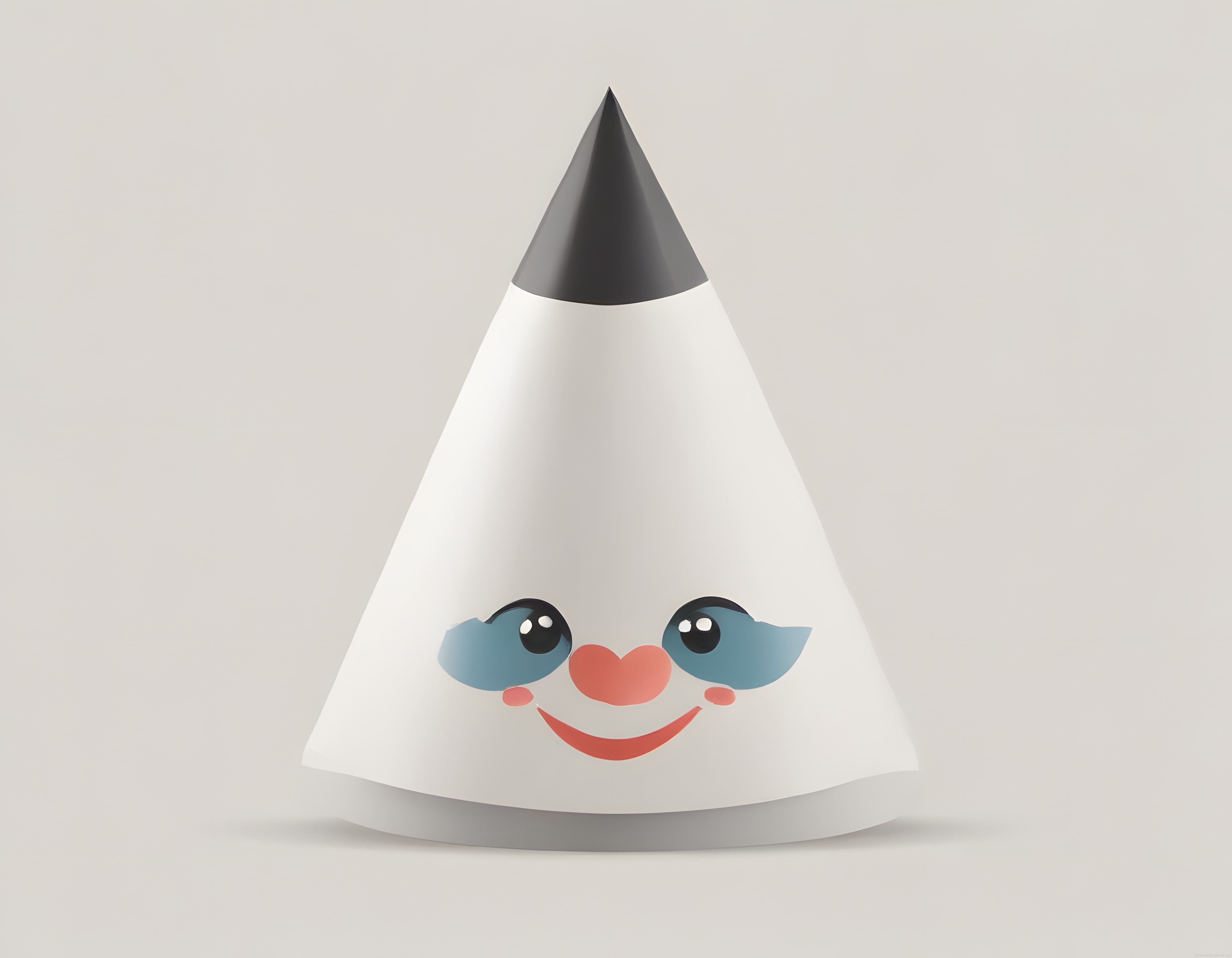 Masum gözlü konik 3D maskot, sevimli kawaii karakter ve dijital sanat projesi