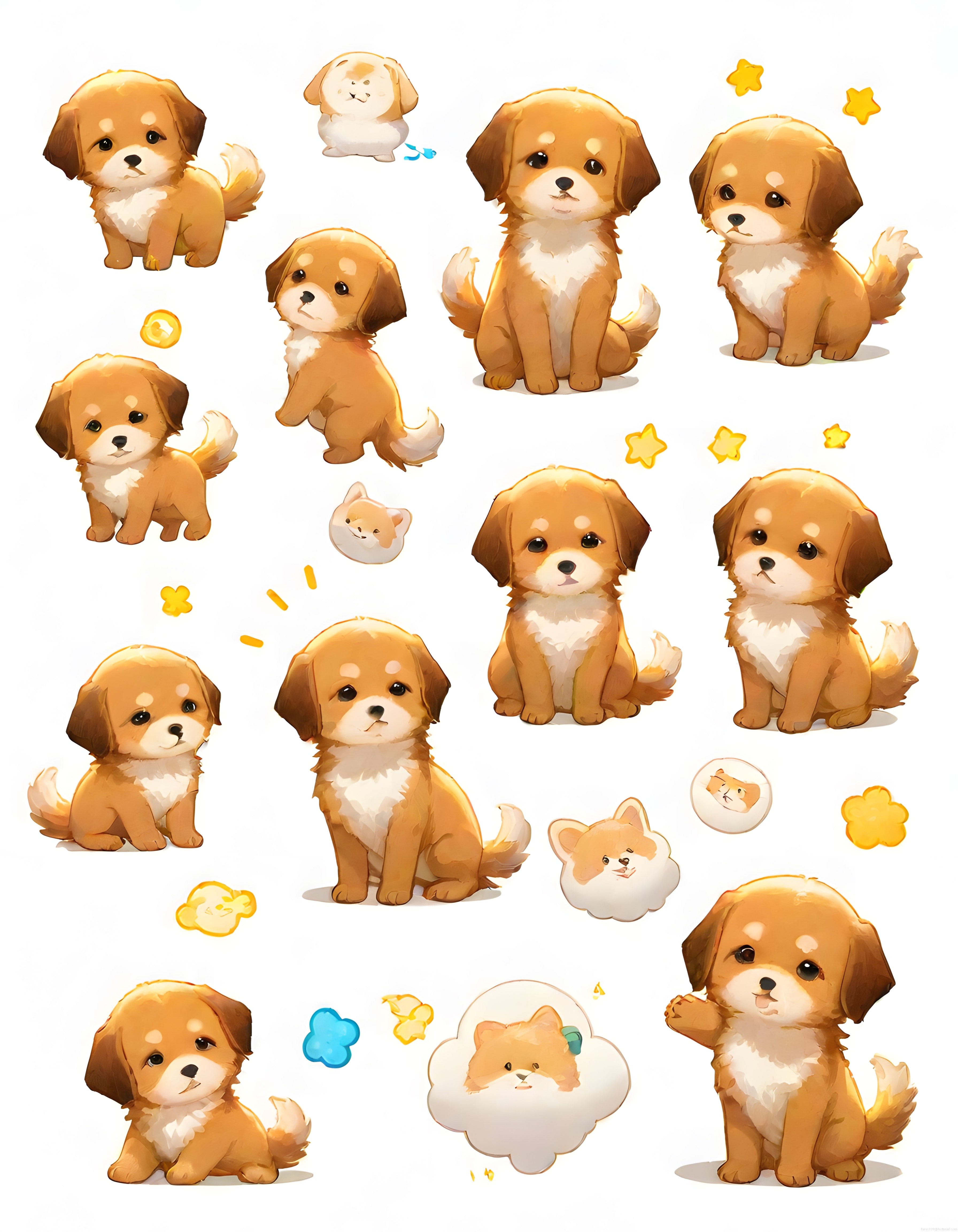 Masum Yavru Köpekler ve Sevimli Karakterlerle Anime Stil Dijital Sticker Seti
