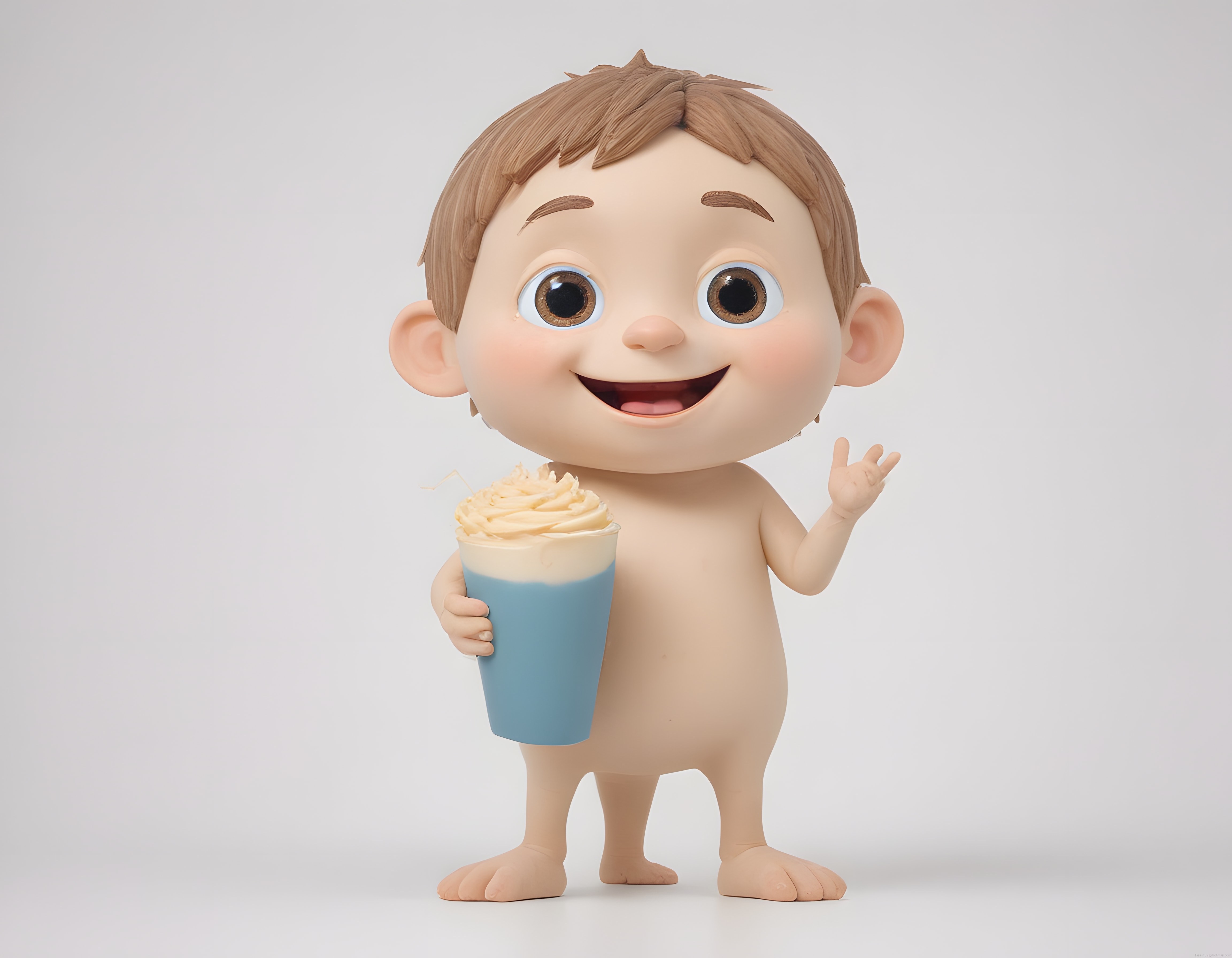 Masum yüzlü 3D animasyon bebeği elinde kremalı içecekle neşeyle poz veriyor