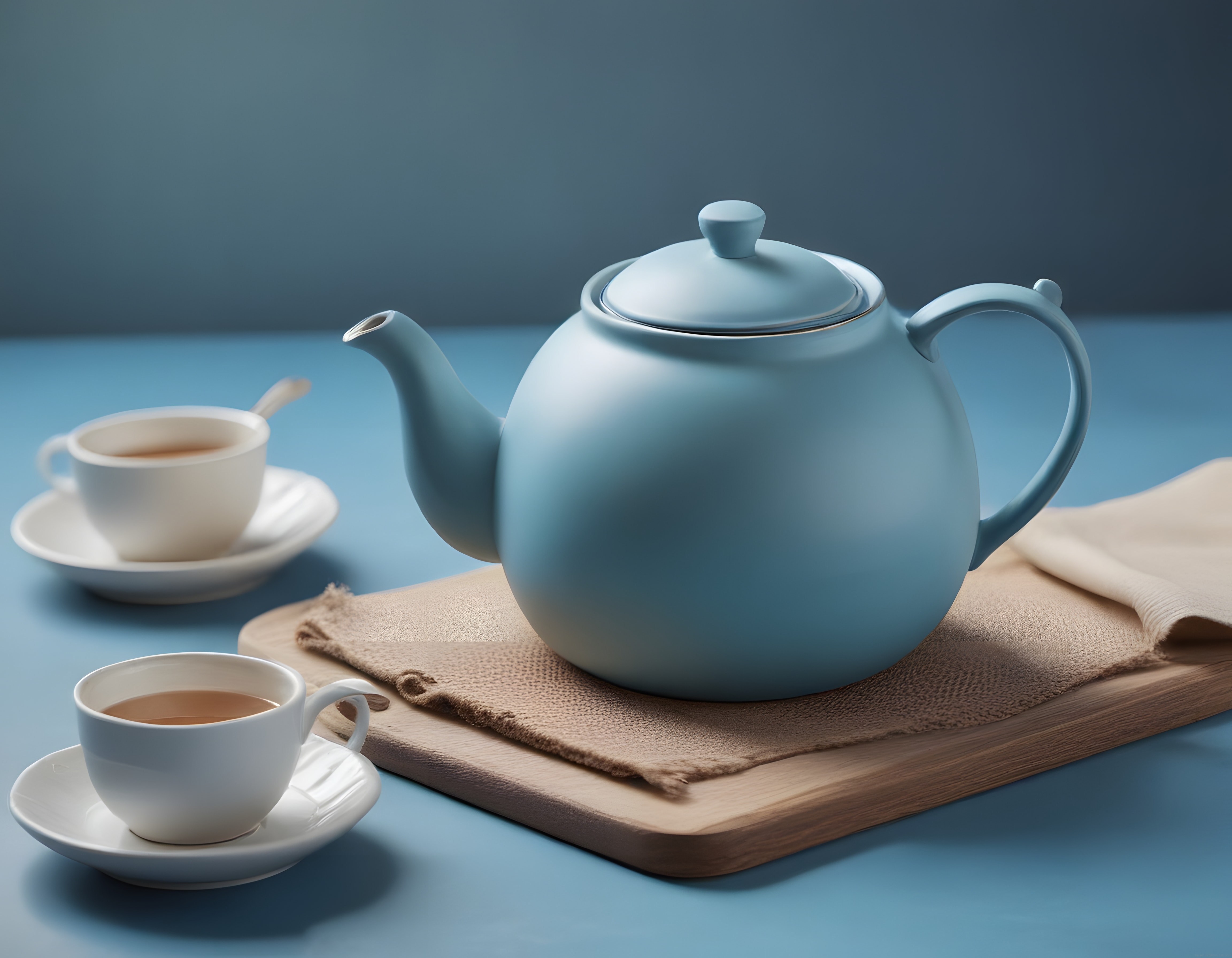 Mat Mavide Seramik Demlik ve İki Fincanlı Minimalist Çay Sofrası