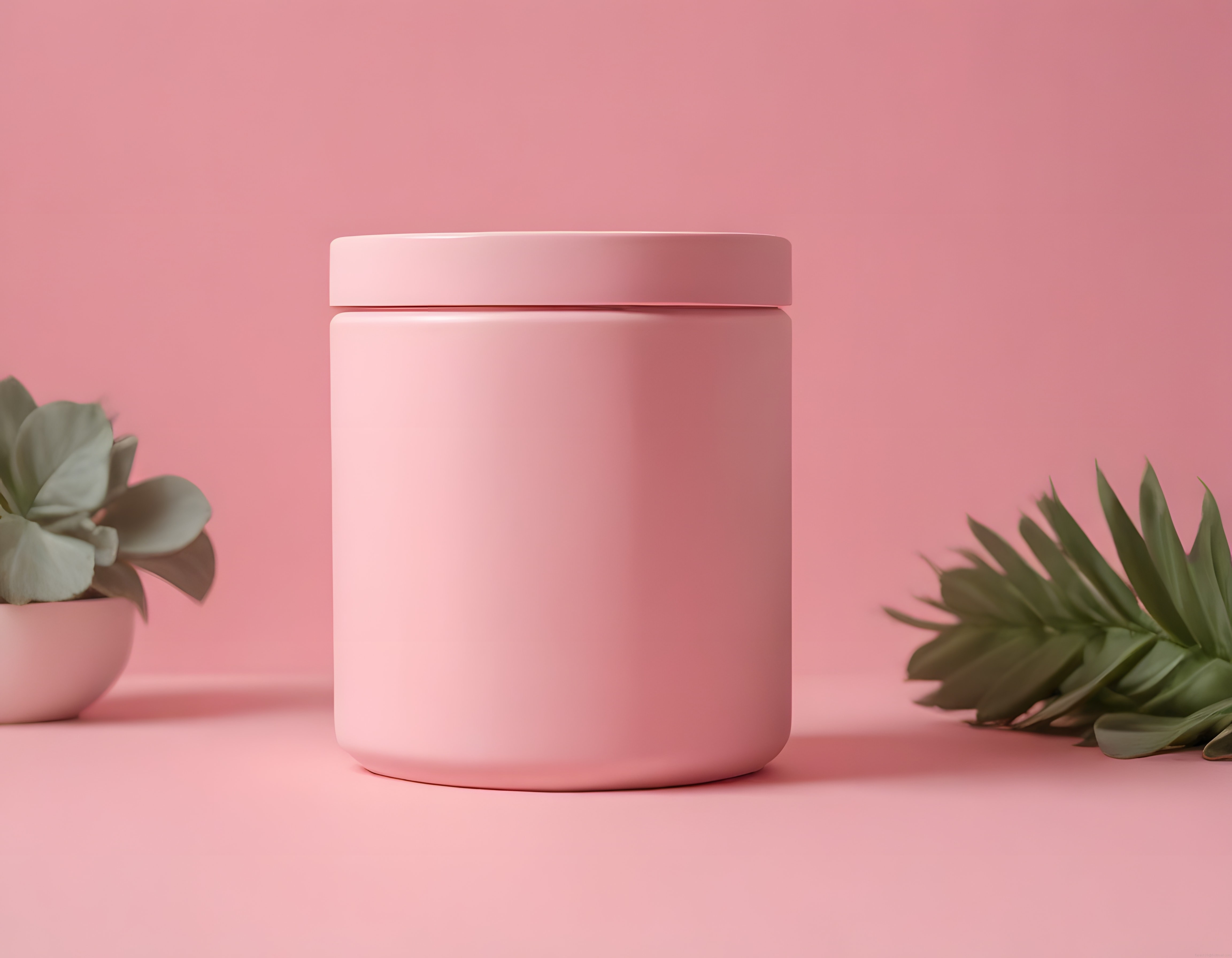 Mat pembe kozmetik kavanozu ve sukulentli minimalist ürün mockup görseli