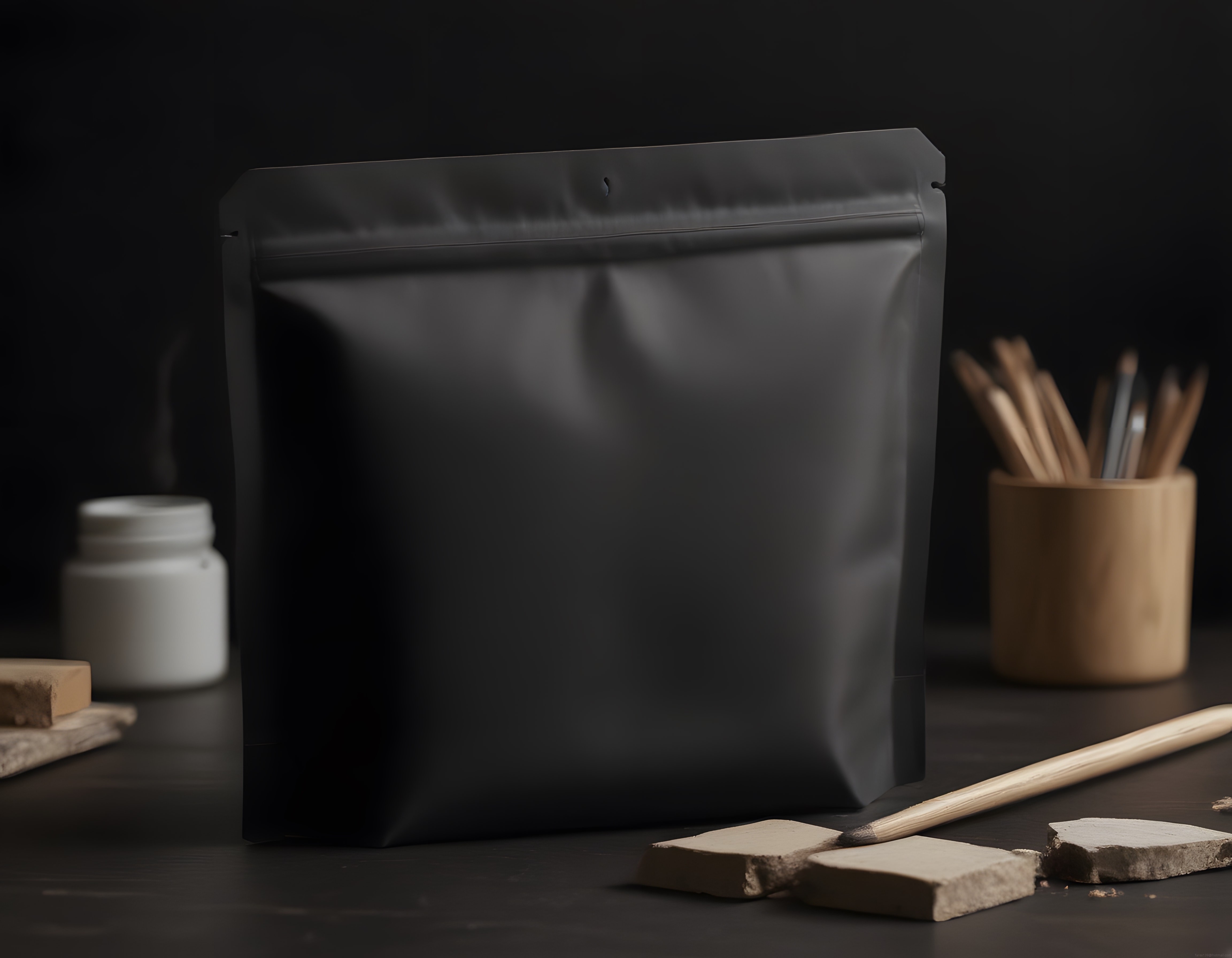 Mat Siyah Doypack Ambalaj Mockup'ı ve Minimal Koyu Stüdyo Arka Planı