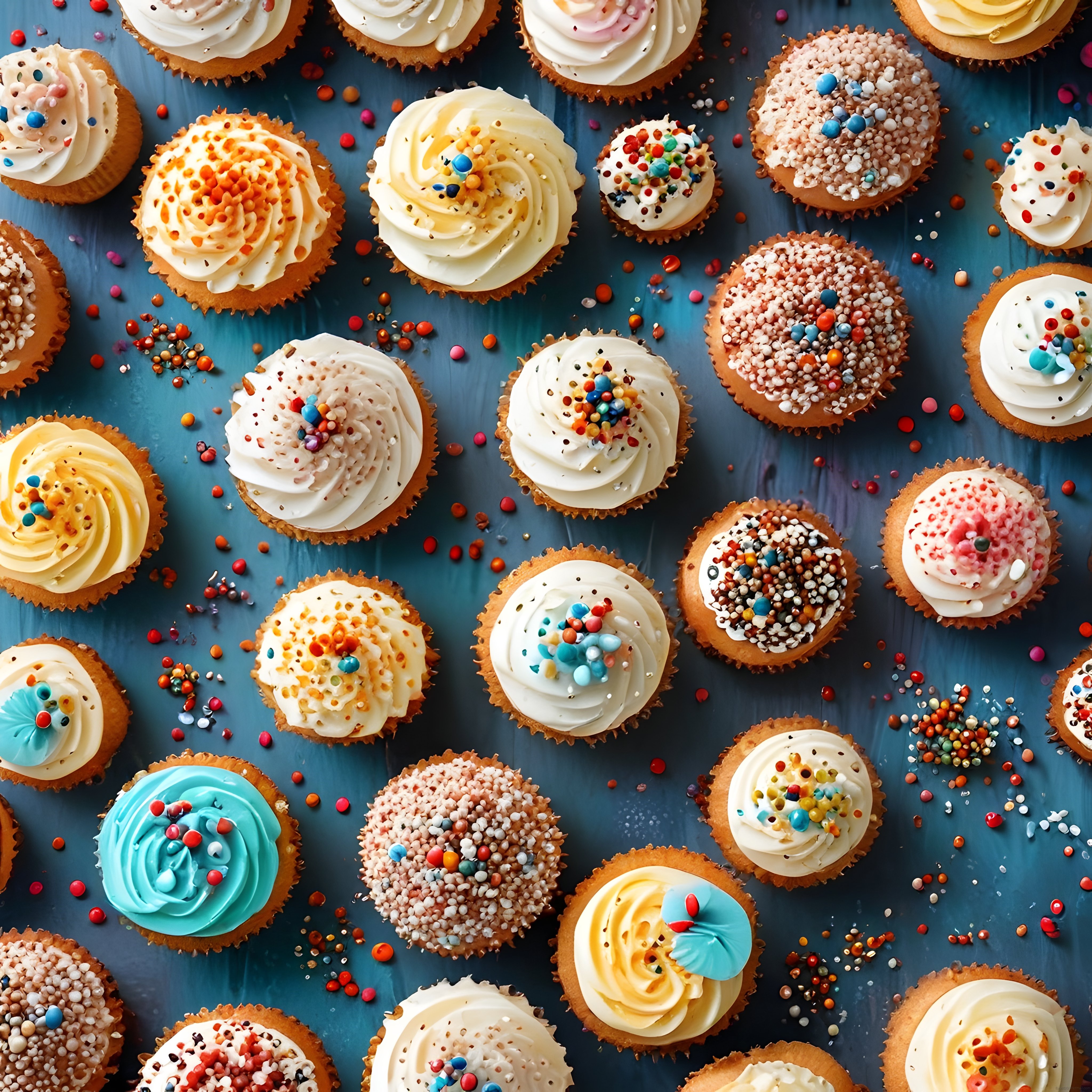 Mavi Ahşap Zemin Üzerinde Rengarenk Süslü Cupcake ve Tatlı Çeşitleri