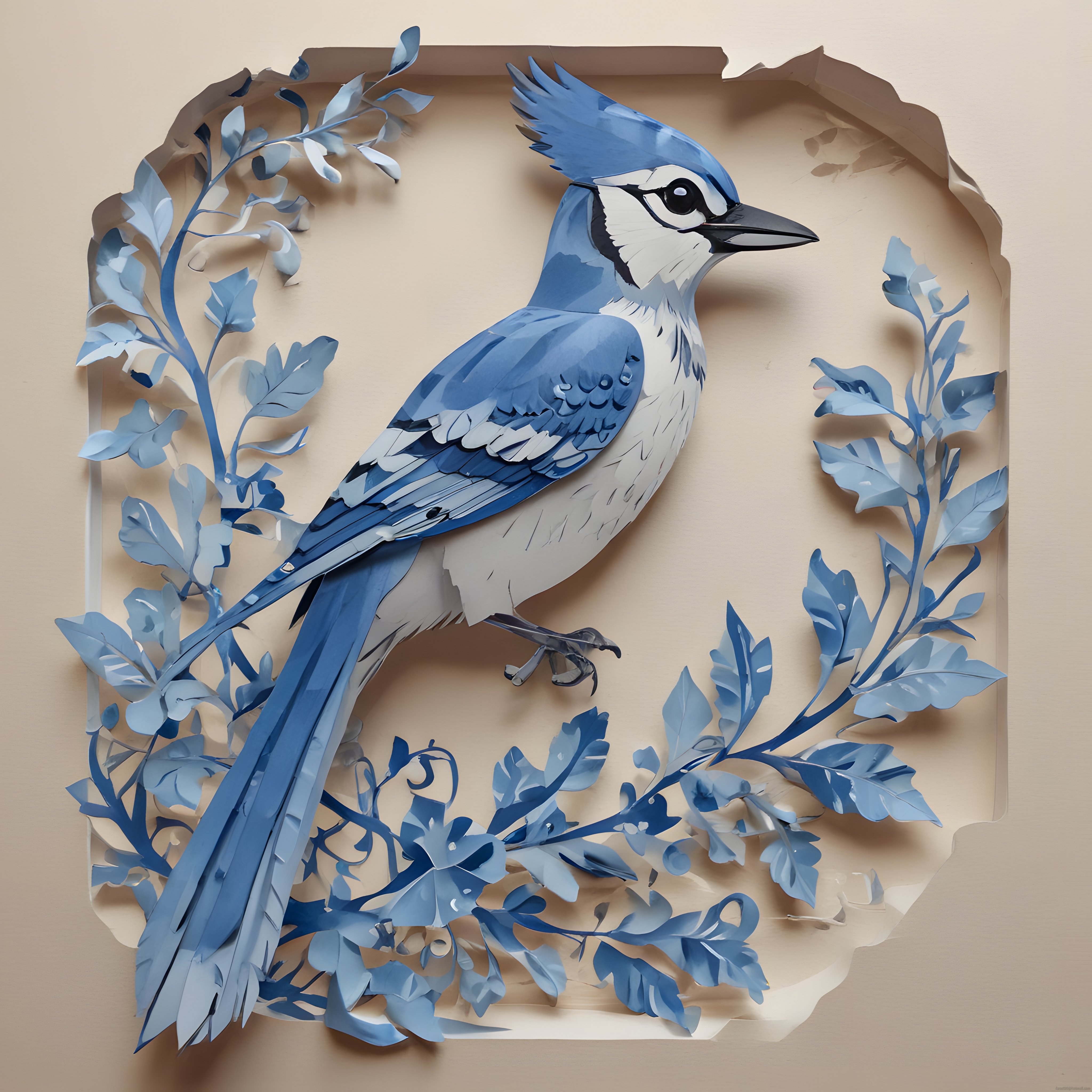 Mavi Alakarga Kuşu ve Bitkiler Kağıt Kesim Stili Dijital Sanat Çalışması