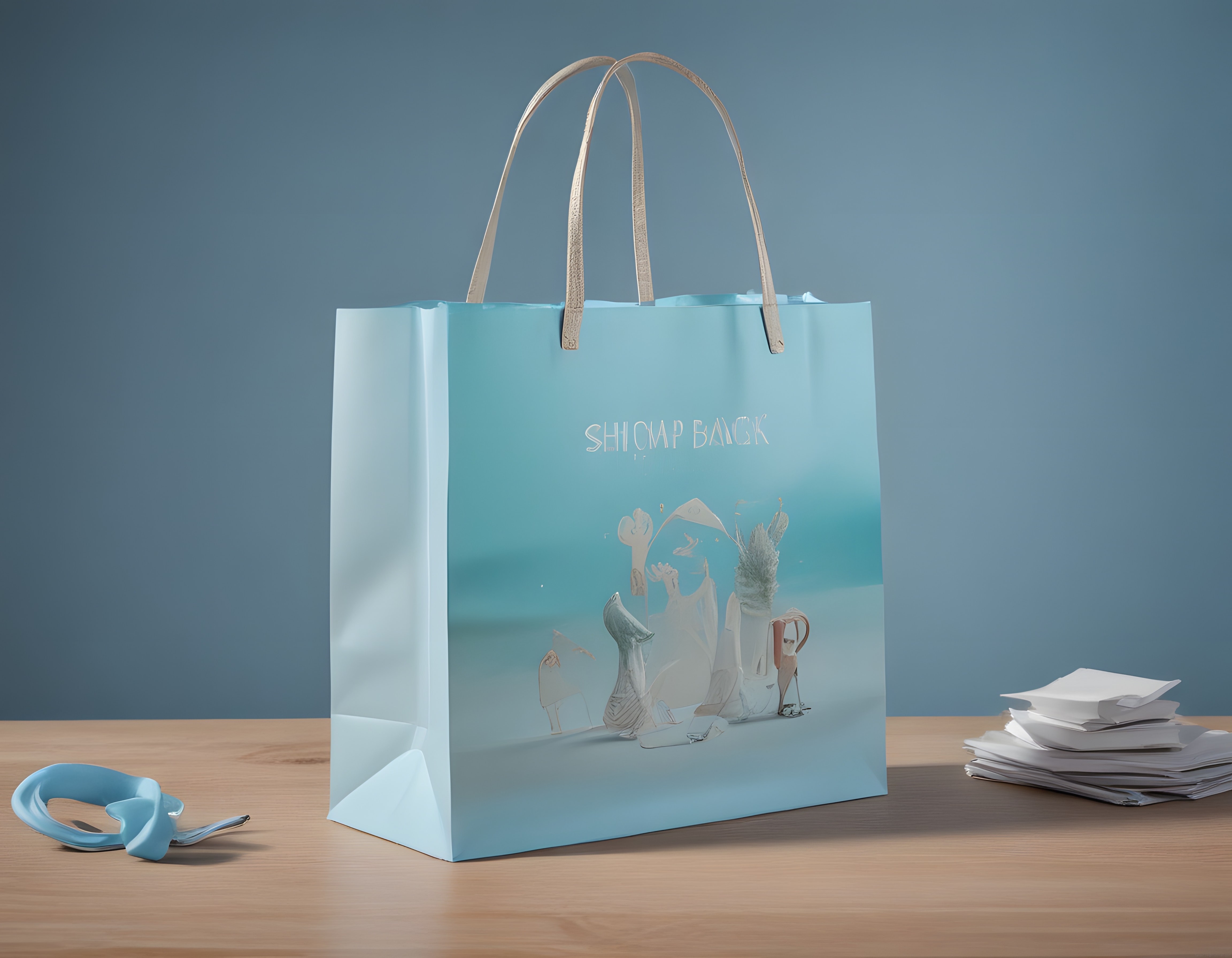 Mavi Alışveriş Çantası, Maskeler ve Kağıtların Minimal Stüdyo Komposisyonu