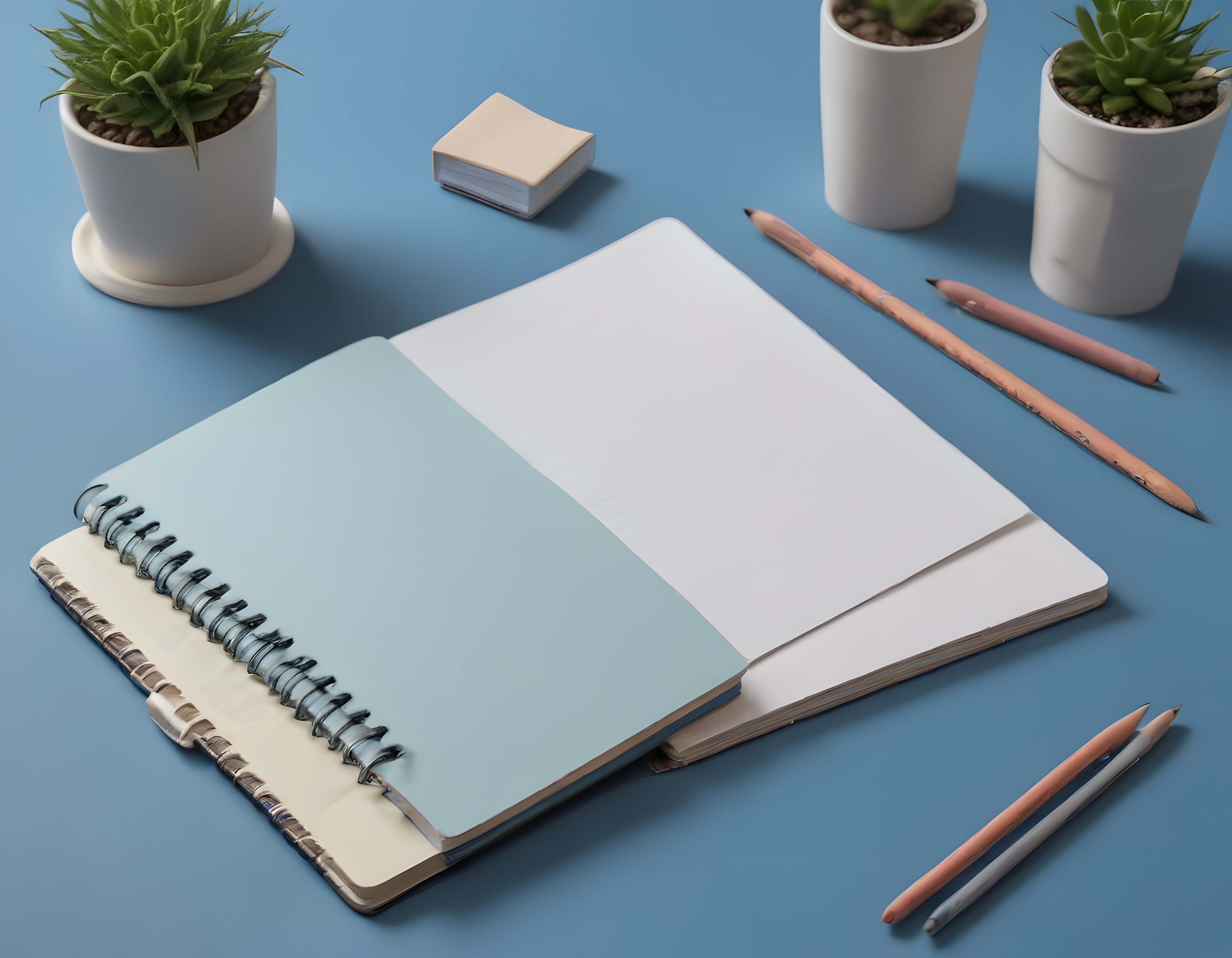 Mavi Arka Planda Açık Defter ve Sukulentlerle Minimalist Çalışma Masası
