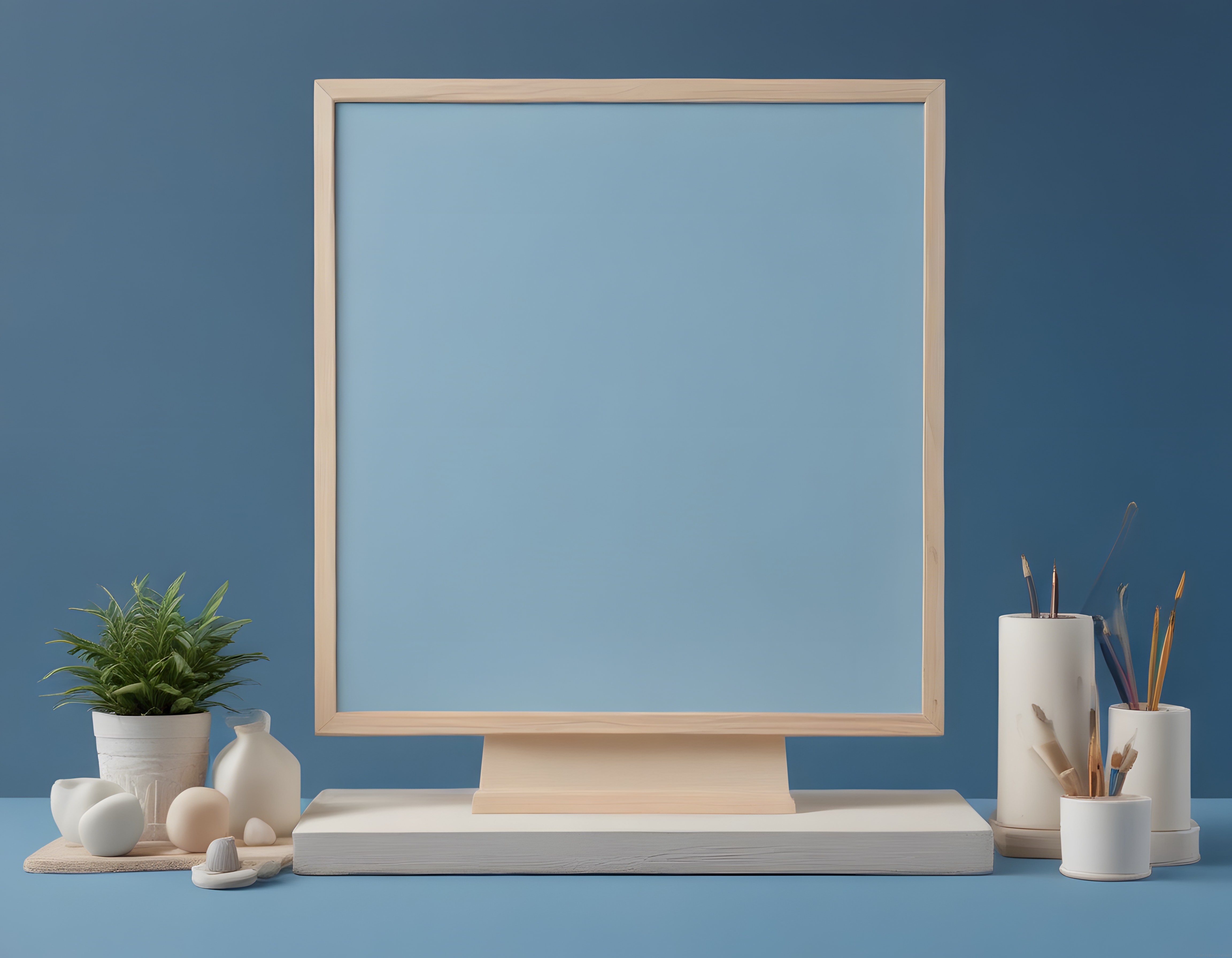 Mavi arka planda ahşap çerçeveli boş poster mockup ve sanat malzemeleri