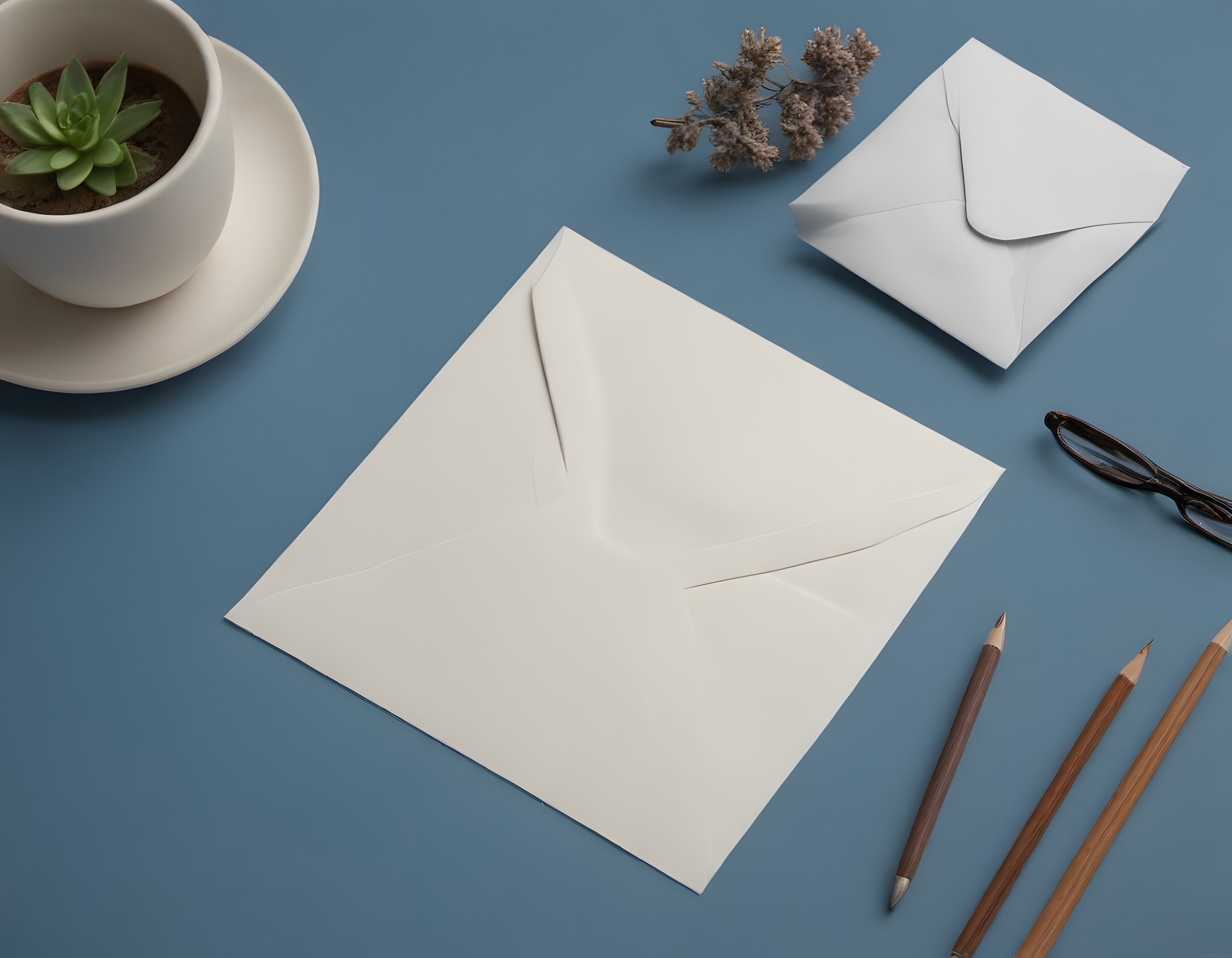 Mavi Arka Planda Minimal Zarif Kırtasiye Düzeni ve Boş Zarf Flat Lay