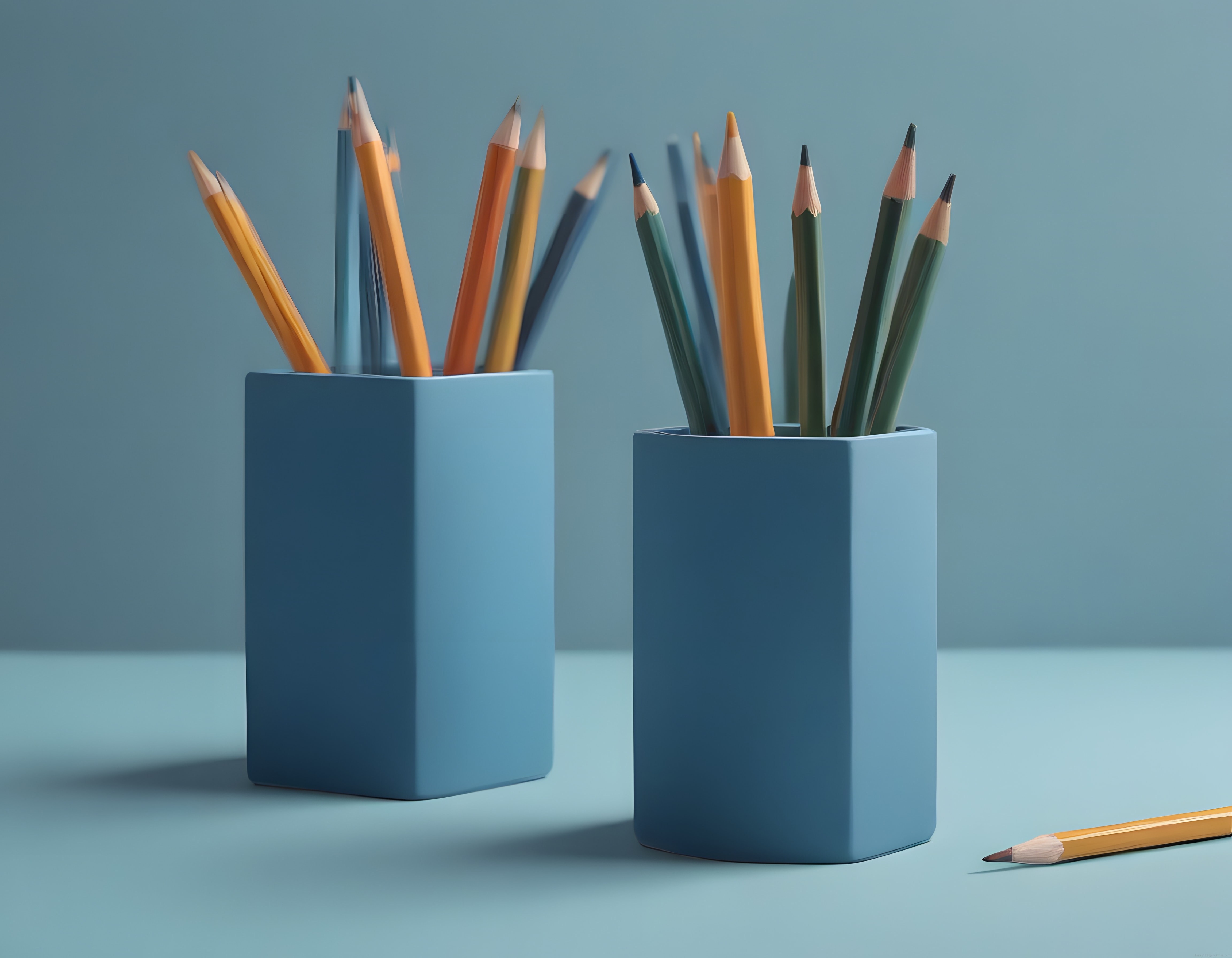 Mavi Arka Planda Modern Kalem Kutularıyla Düzenli ve Minimalist Çalışma Alanı