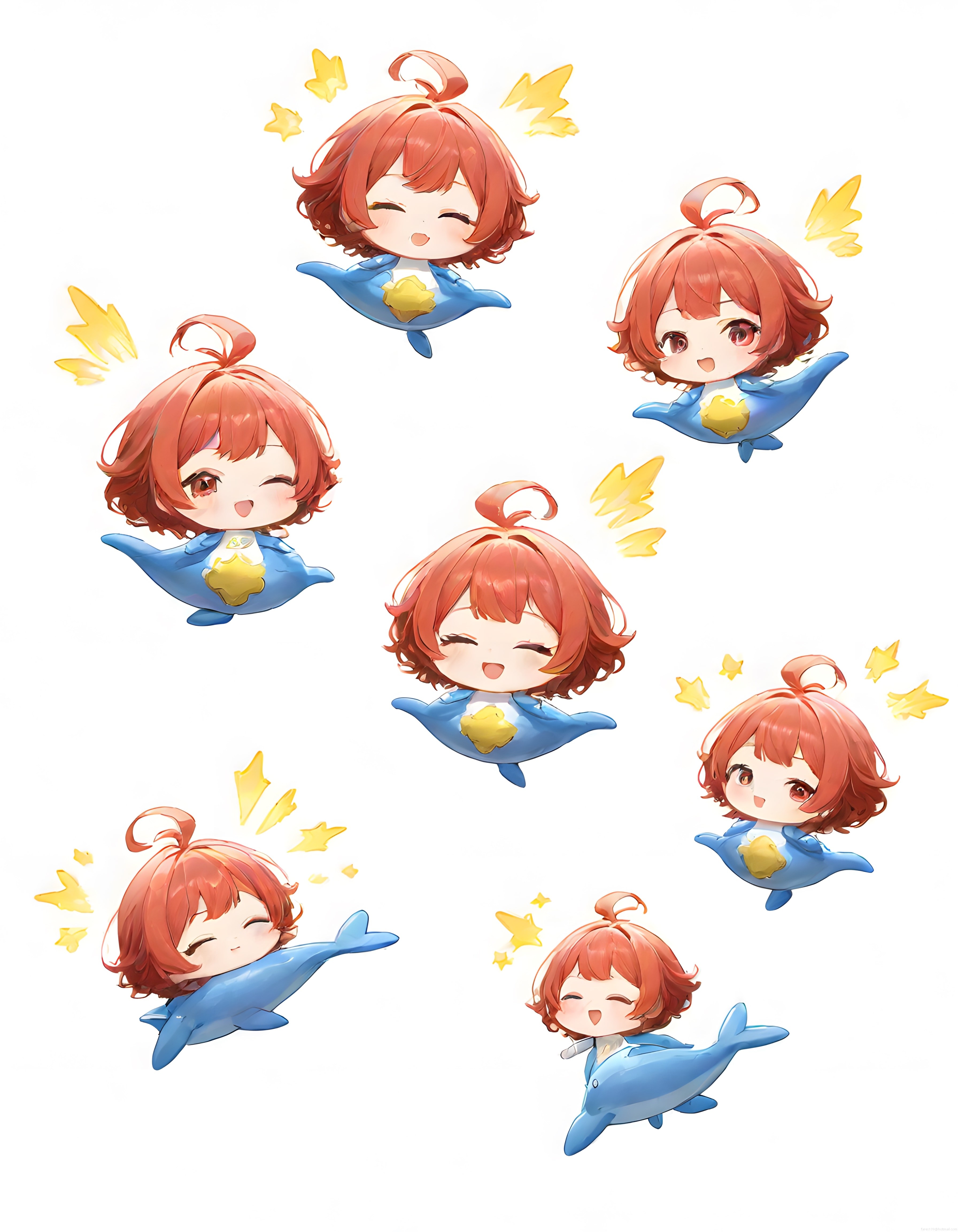 Mavi Balina Kostümlü Sevimli Chibi Anime Karakterleri ve Yıldızlar