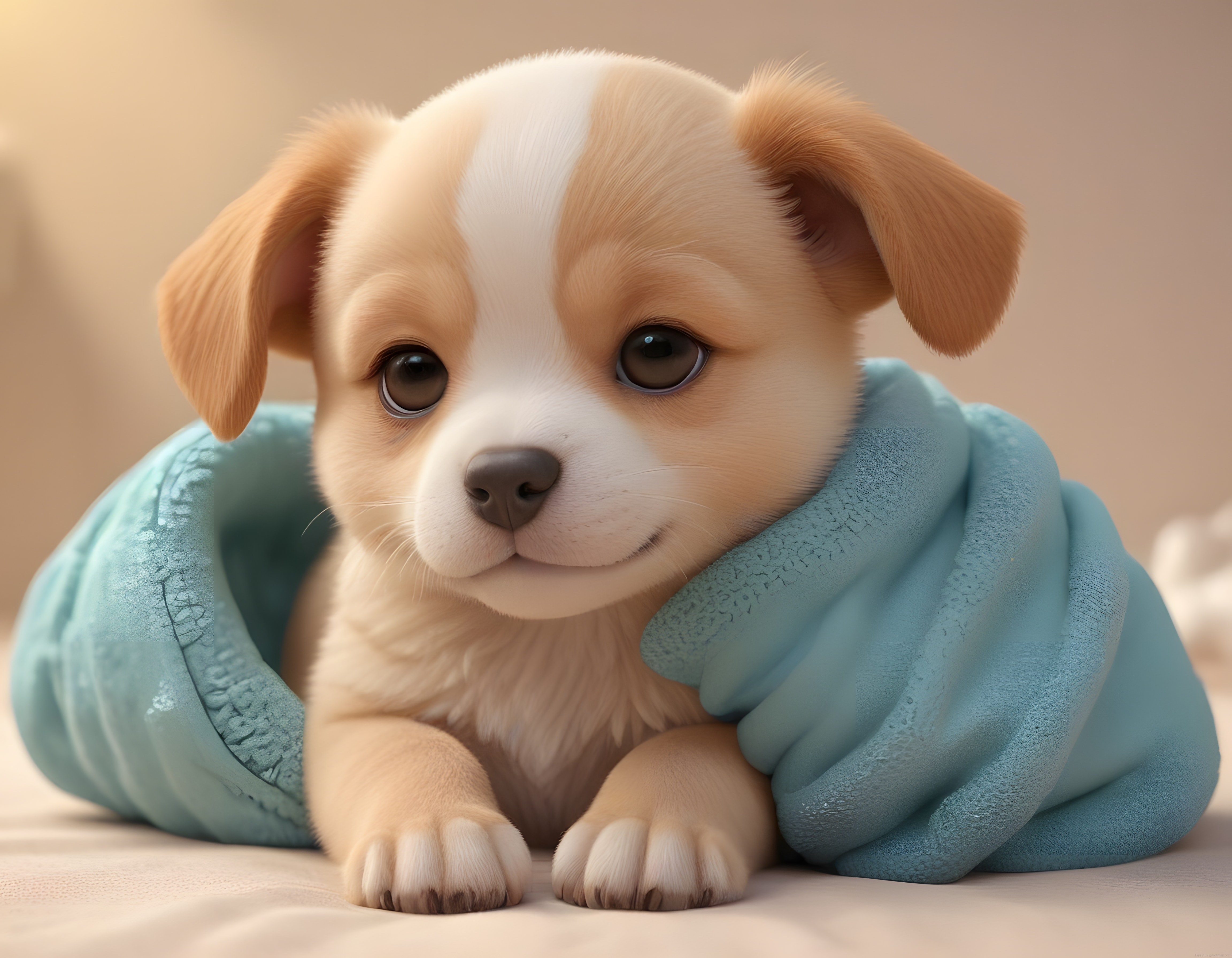 Mavi Battaniyeye Sarılmış Sevimli 3D Animasyon Köpek Yavrusu Portresi