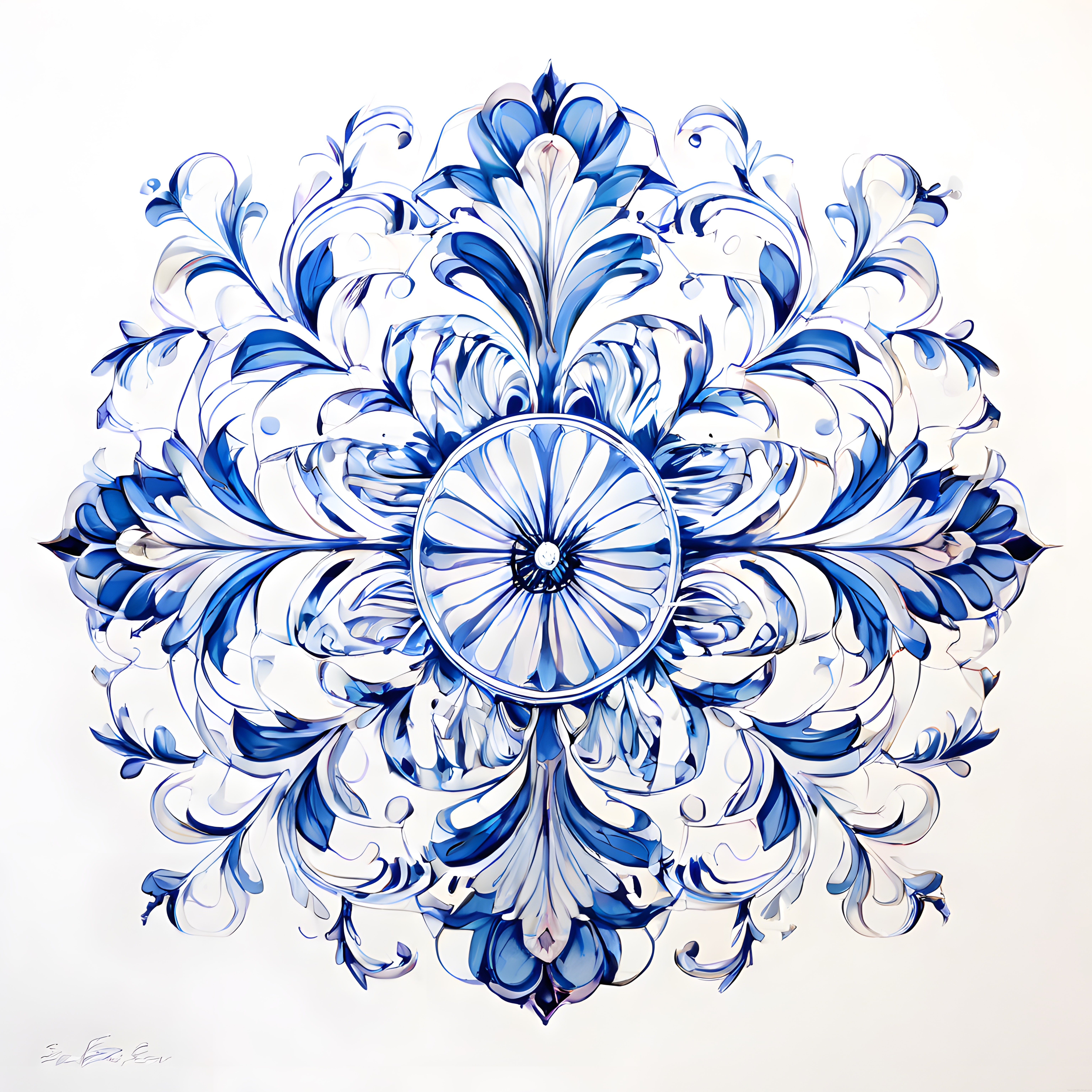 Mavi Beyaz Simetrik Dijital Sanat Eseri ve Organik Desen Motifi