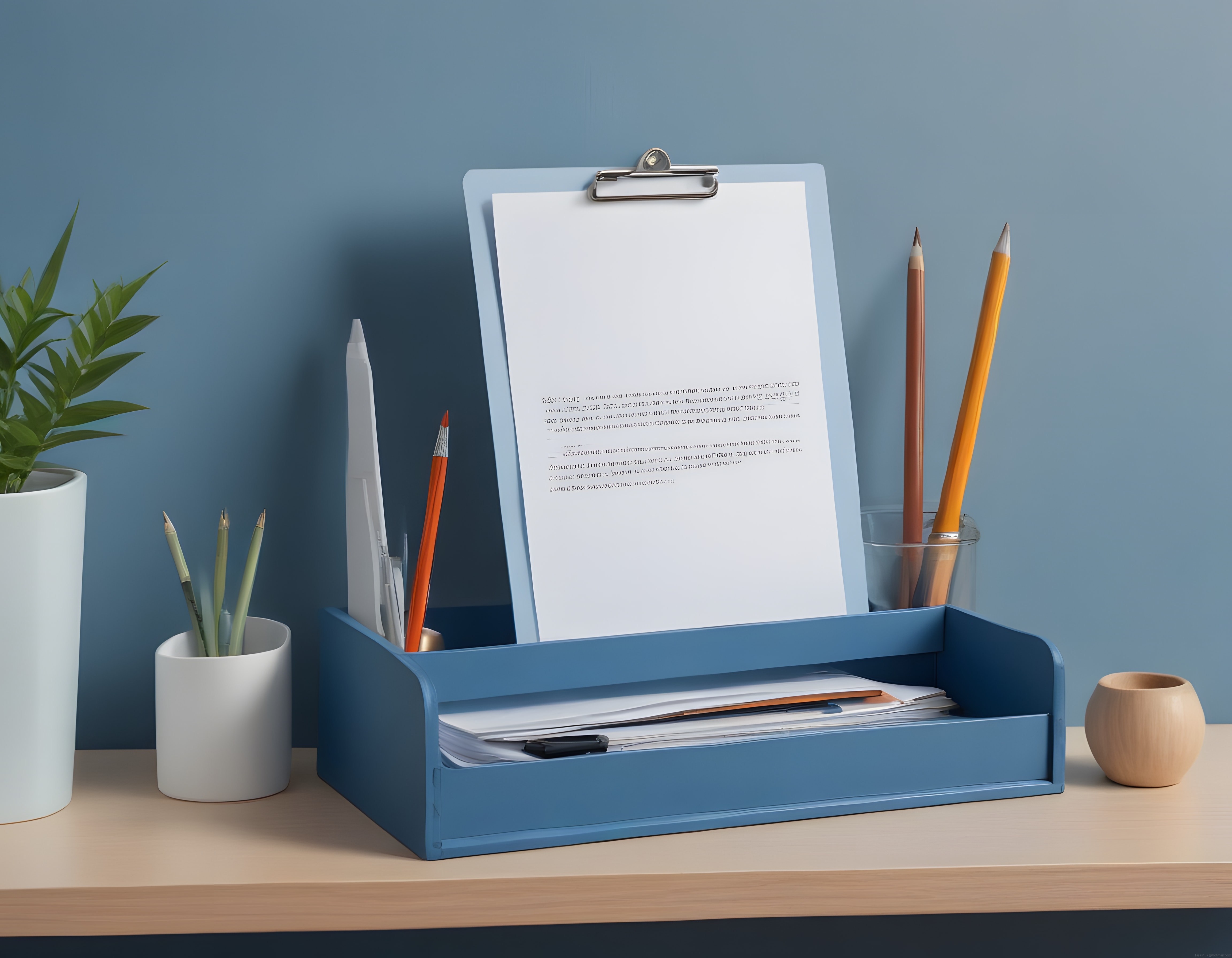Mavi Çalışma Masası Düzenleyici ve Notluk ile Minimalist Ofis Dekoru