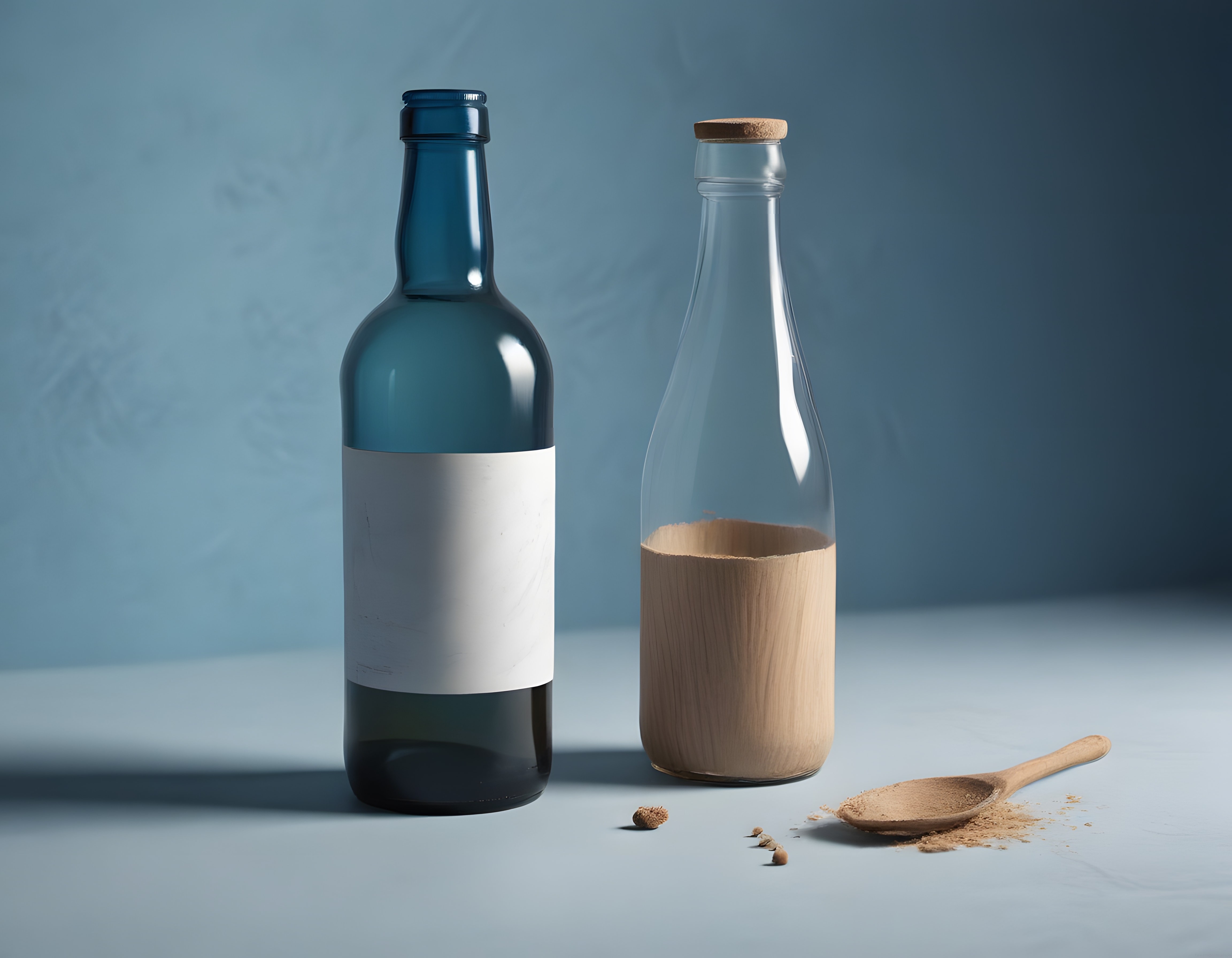 Mavi Cam Şişe ve Mantar Tıpalı Şeffaf Şişe ile Minimalist Ürün Fotoğrafçılığı