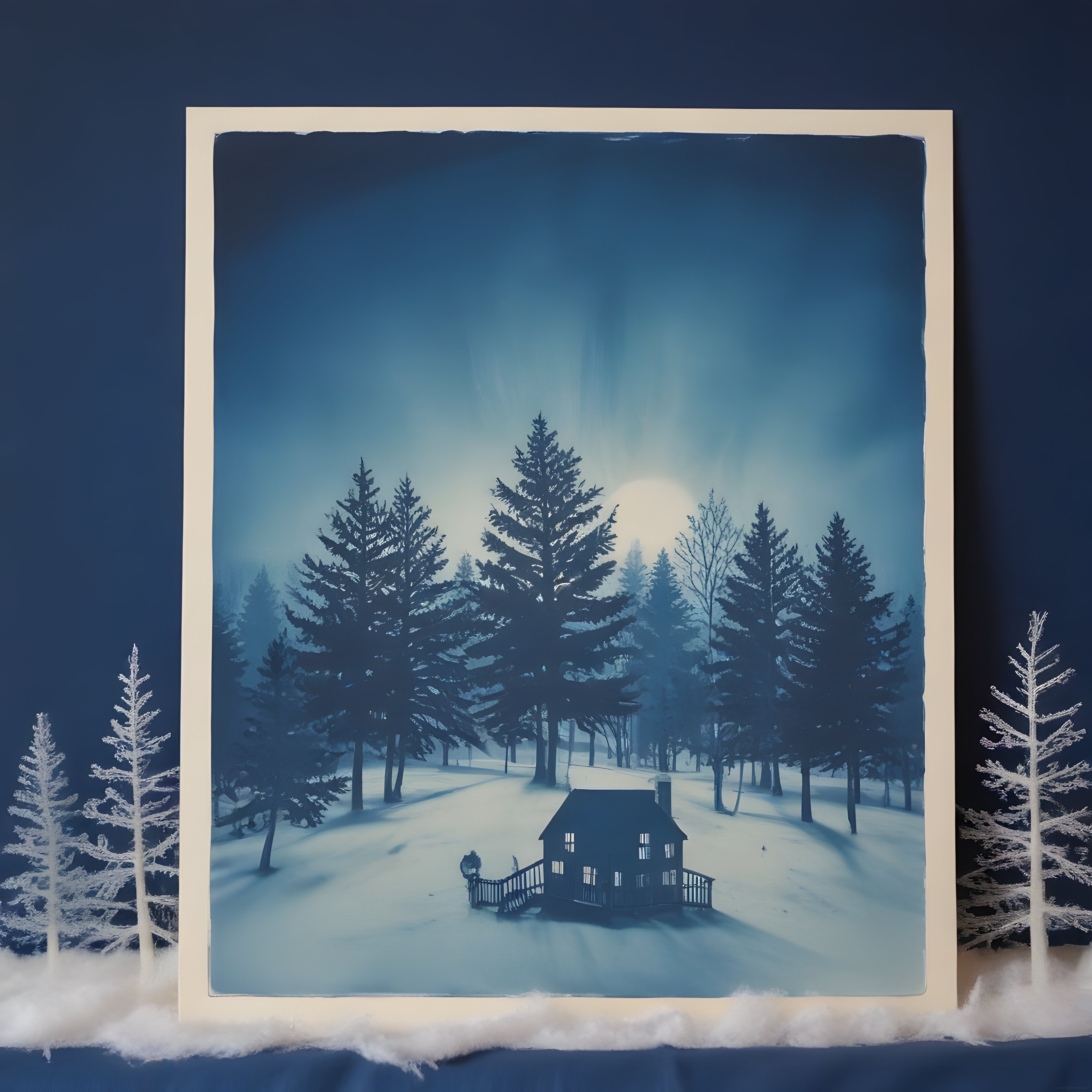 Mavi Cyanotype Baskıda Karlar Altında Kulübeli Sisli Kış Ormanı Sanatı