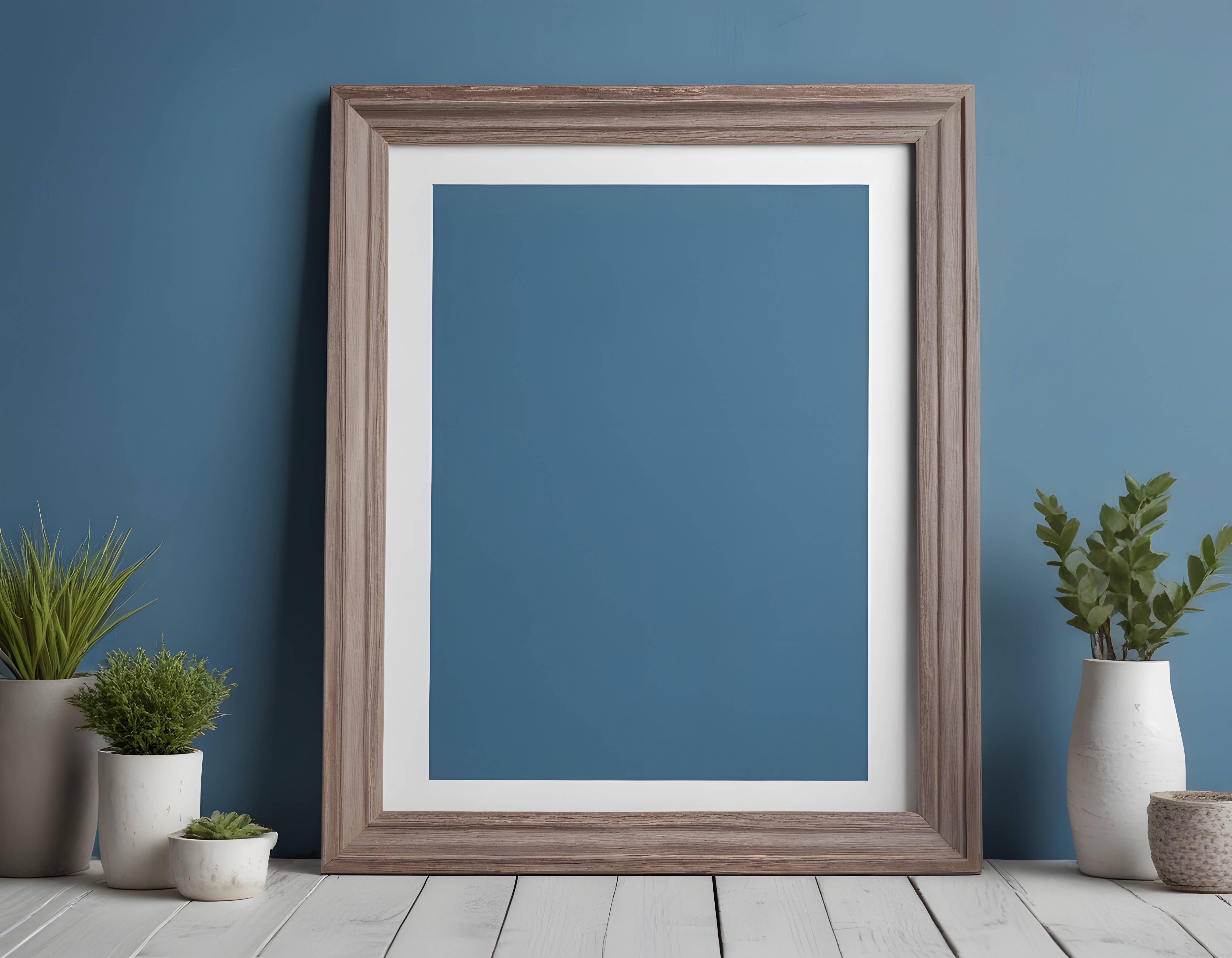 Mavi Duvar Önünde Ahşap Çerçeve ve Saksı Bitkilerle Minimalist İç Mekan Dekoru