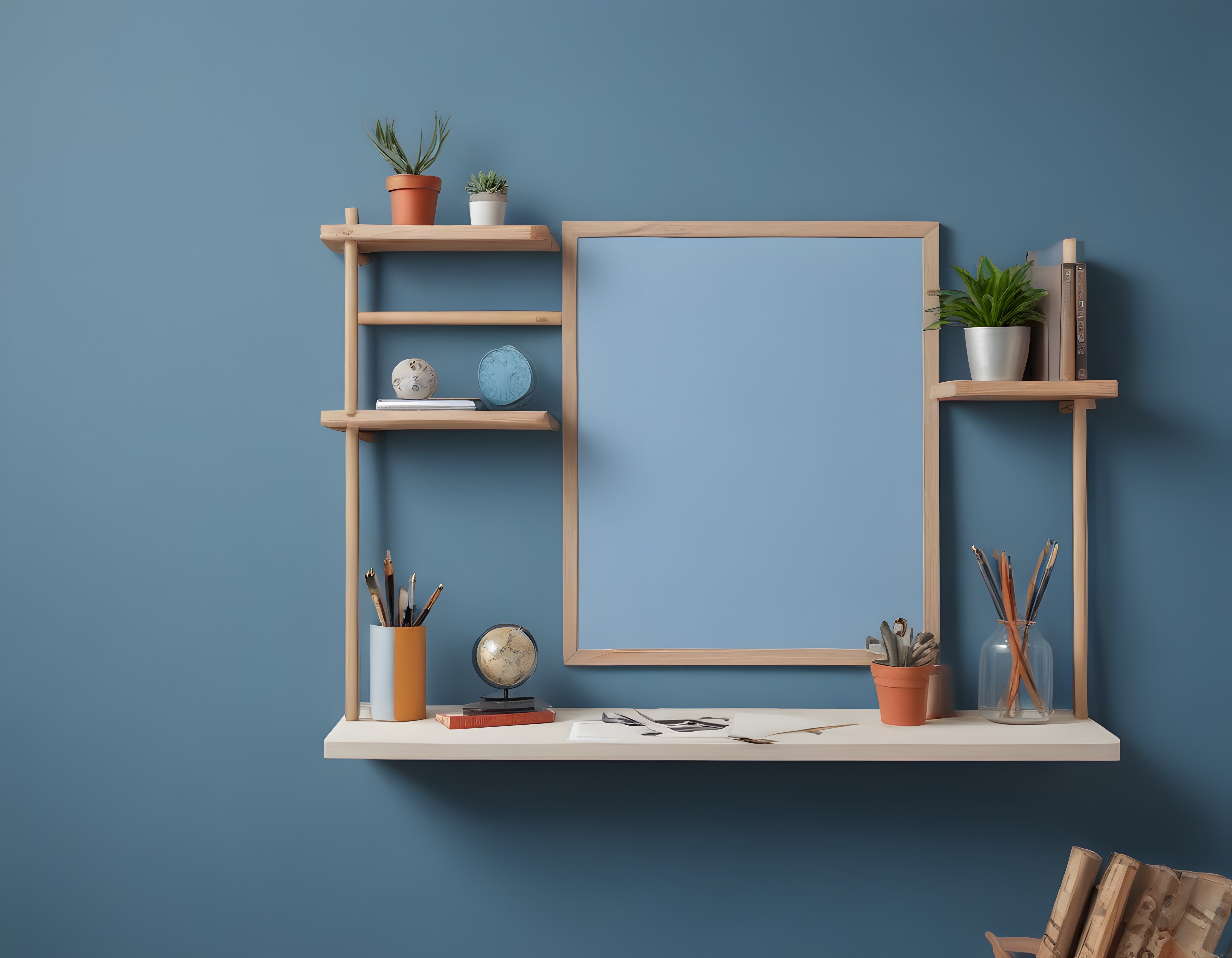 Mavi Duvar Önünde Ahşap Raflı Boş Çerçeveli Minimalist Çalışma Masası Tasarımı