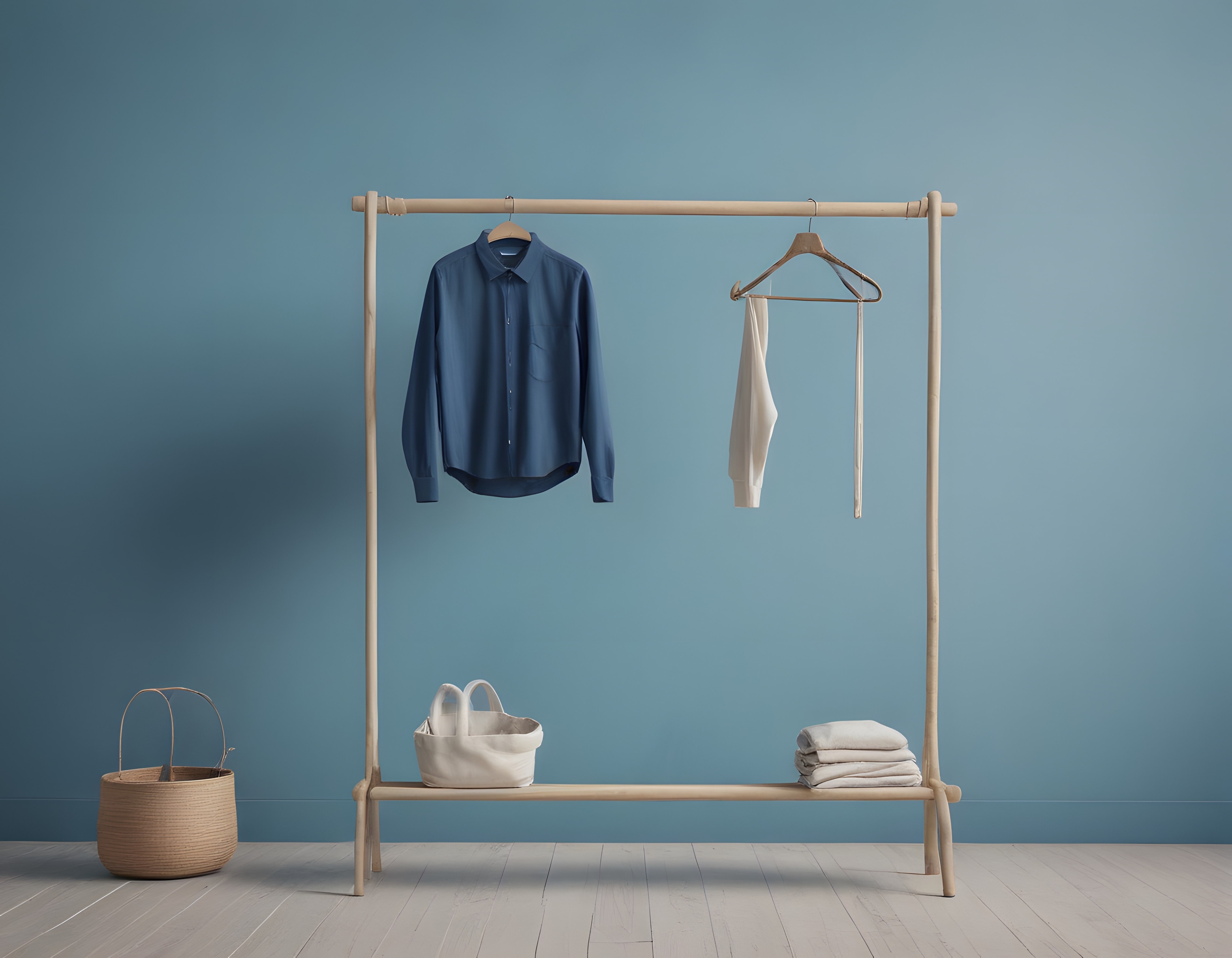 Mavi Duvar Önünde Minimalist Ahşap Askıda Düzenli Giyim ve Aksesuar Düzeni