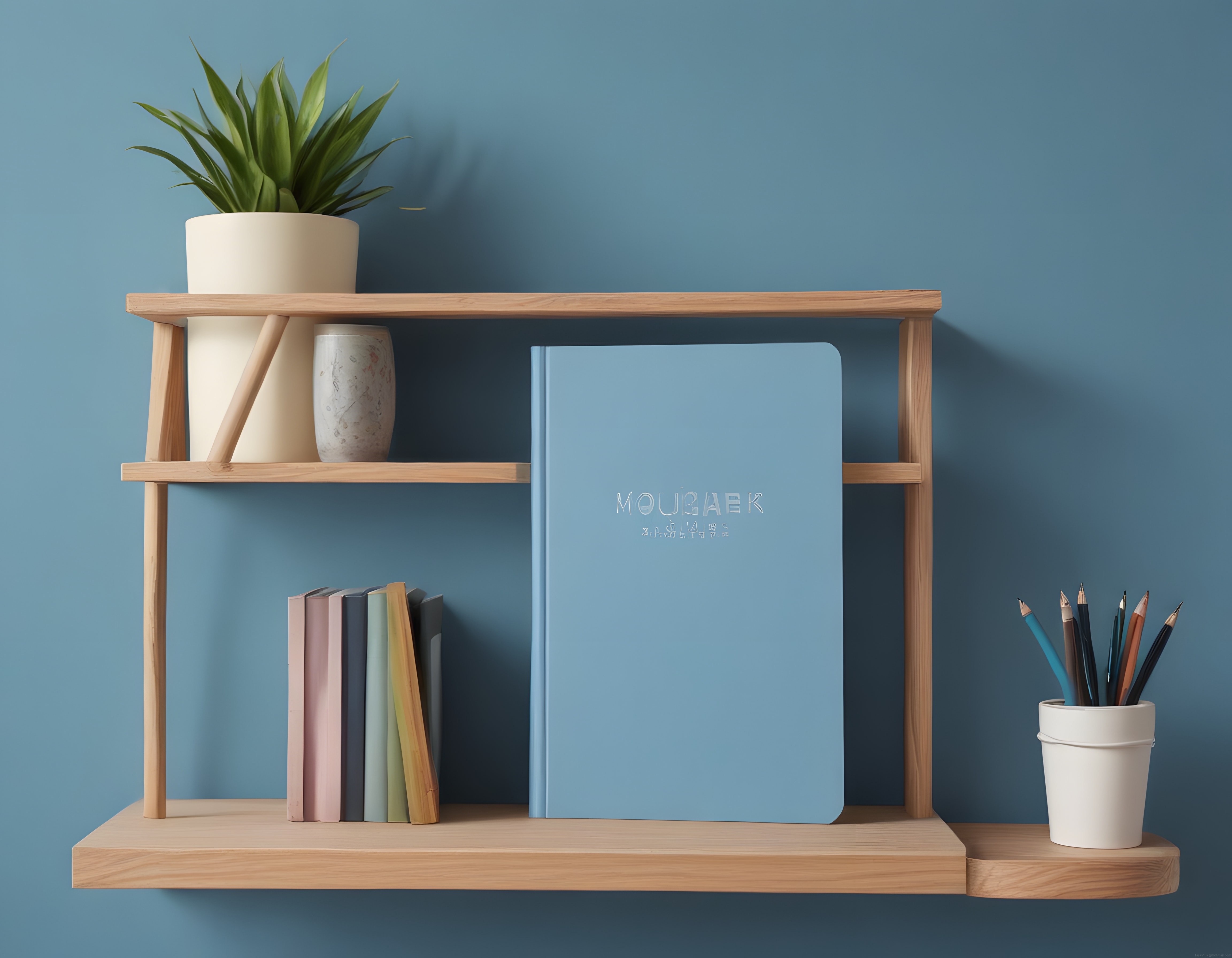Mavi Duvar Önünde Minimalist Ahşap Raf Düzeni ve Ev Dekorasyonu Fikirleri
