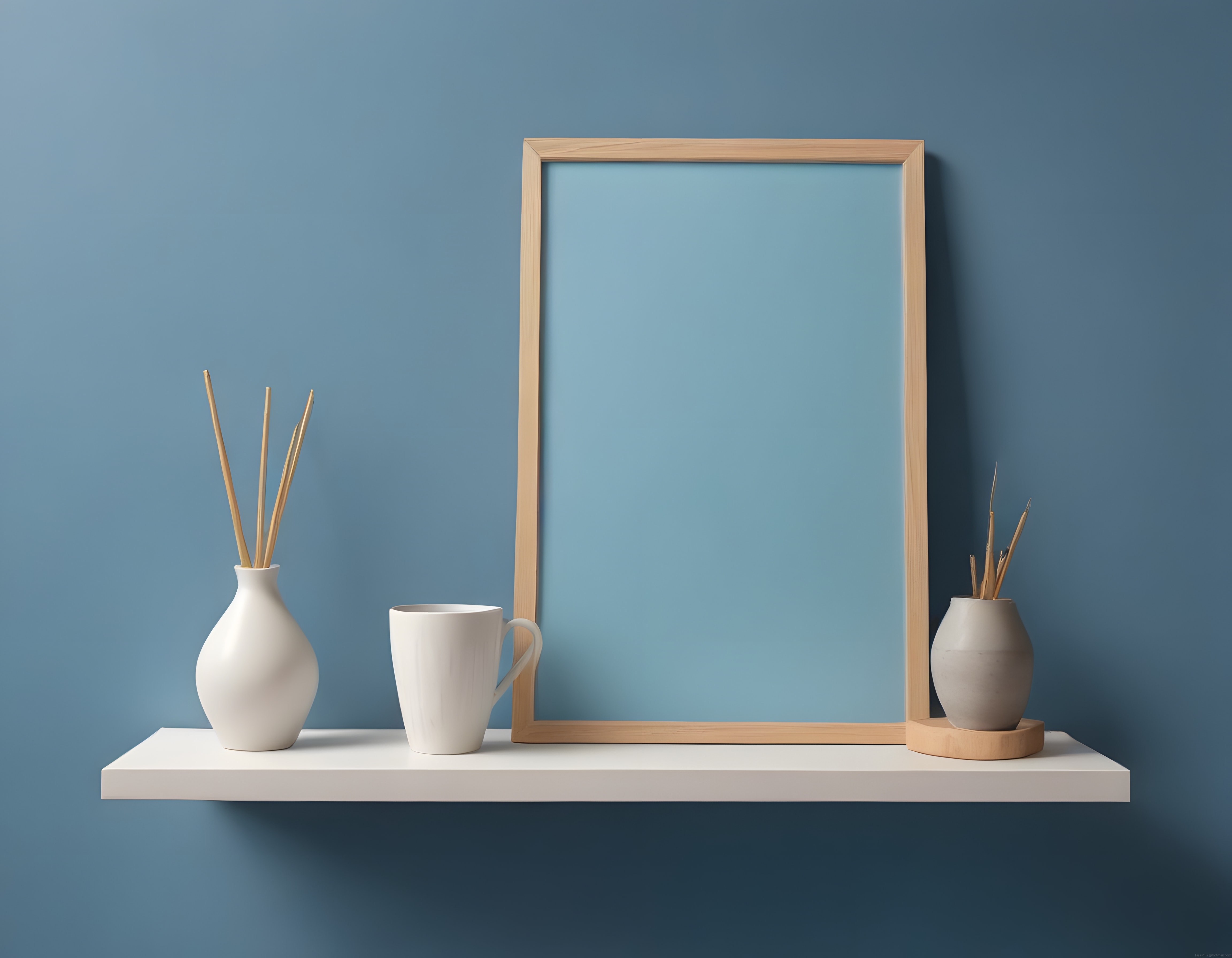 Mavi Duvar Önünde Minimalist Dekoratif Raf ve Boş Ahşap Çerçeve