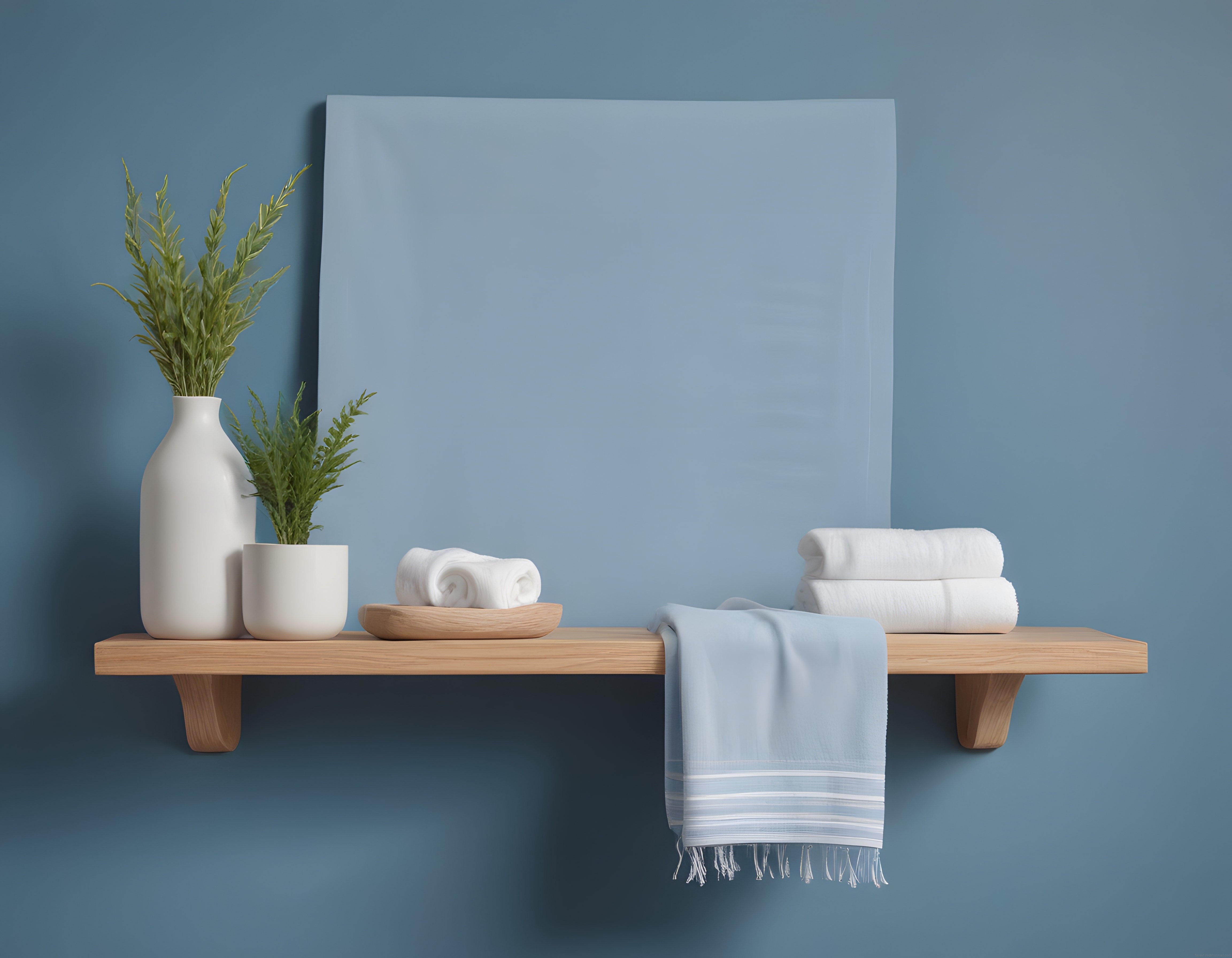 Mavi duvarlı banyoda ahşap raf üzerinde minimalist dekorasyon ve havlu düzeni