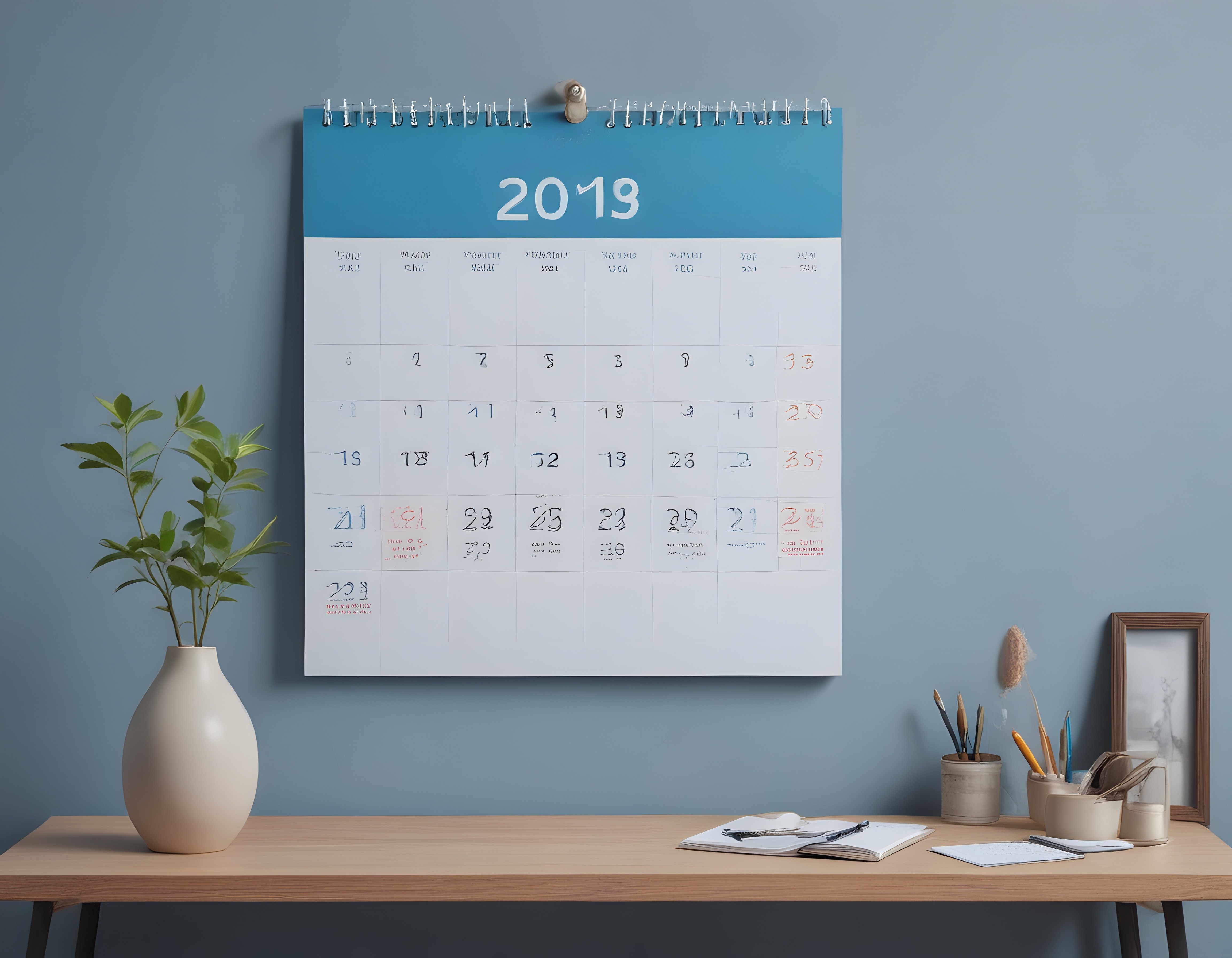 Mavi Duvarlı Çalışma Odasında 2019 Duvar Takvimi ve Minimalist Masa Düzeni