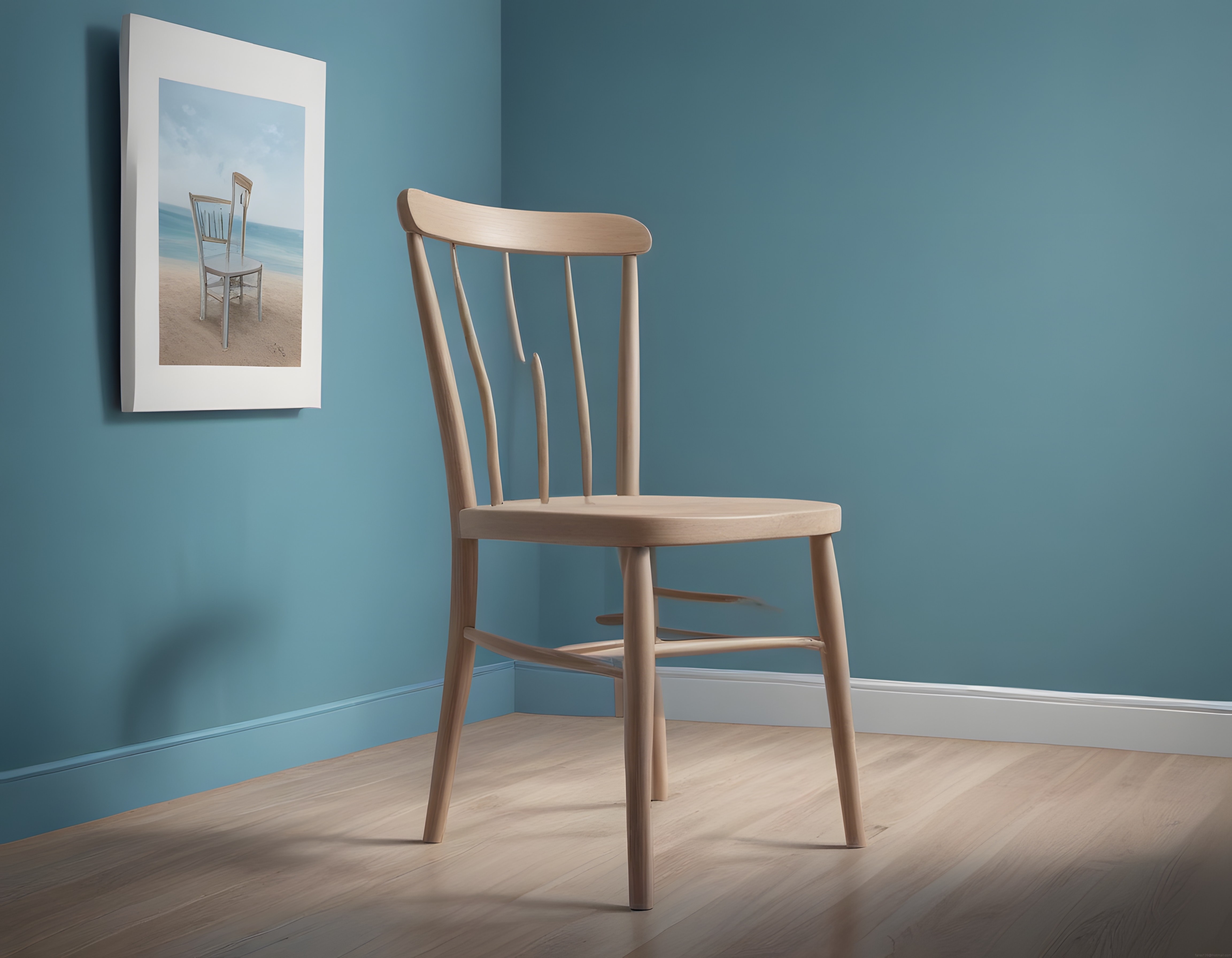 Mavi Duvarlı Minimal Köşede Thonet Tarzı Ahşap Sandalye ve Çerçeveli Tablo Mavi Duvarlı Minimal Köşede Thonet Tarzı Ahşap Sandalye ve Çerçeveli Tablo