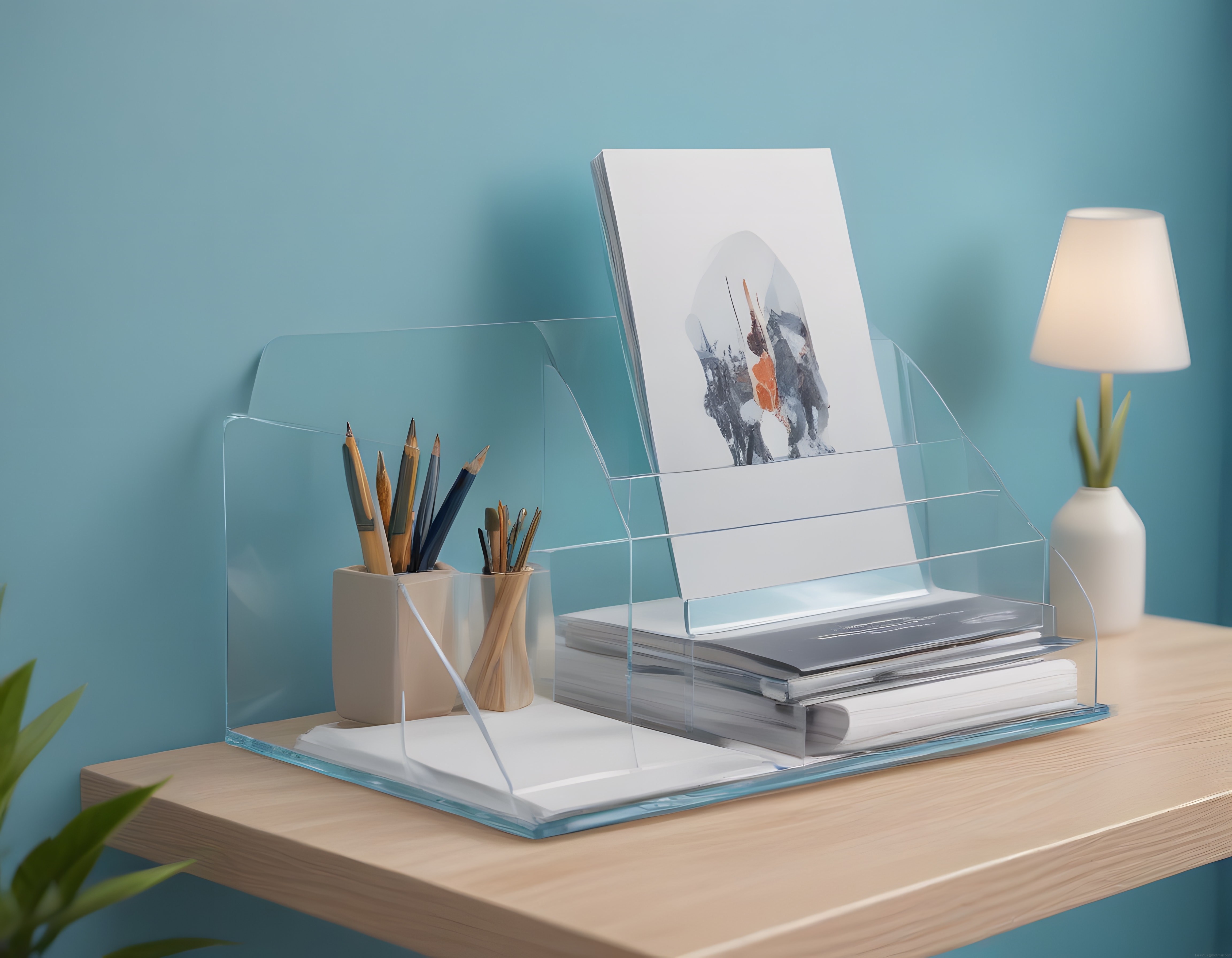 Mavi Duvarlı Minimalist Çalışma Alanında Şeffaf Organizer