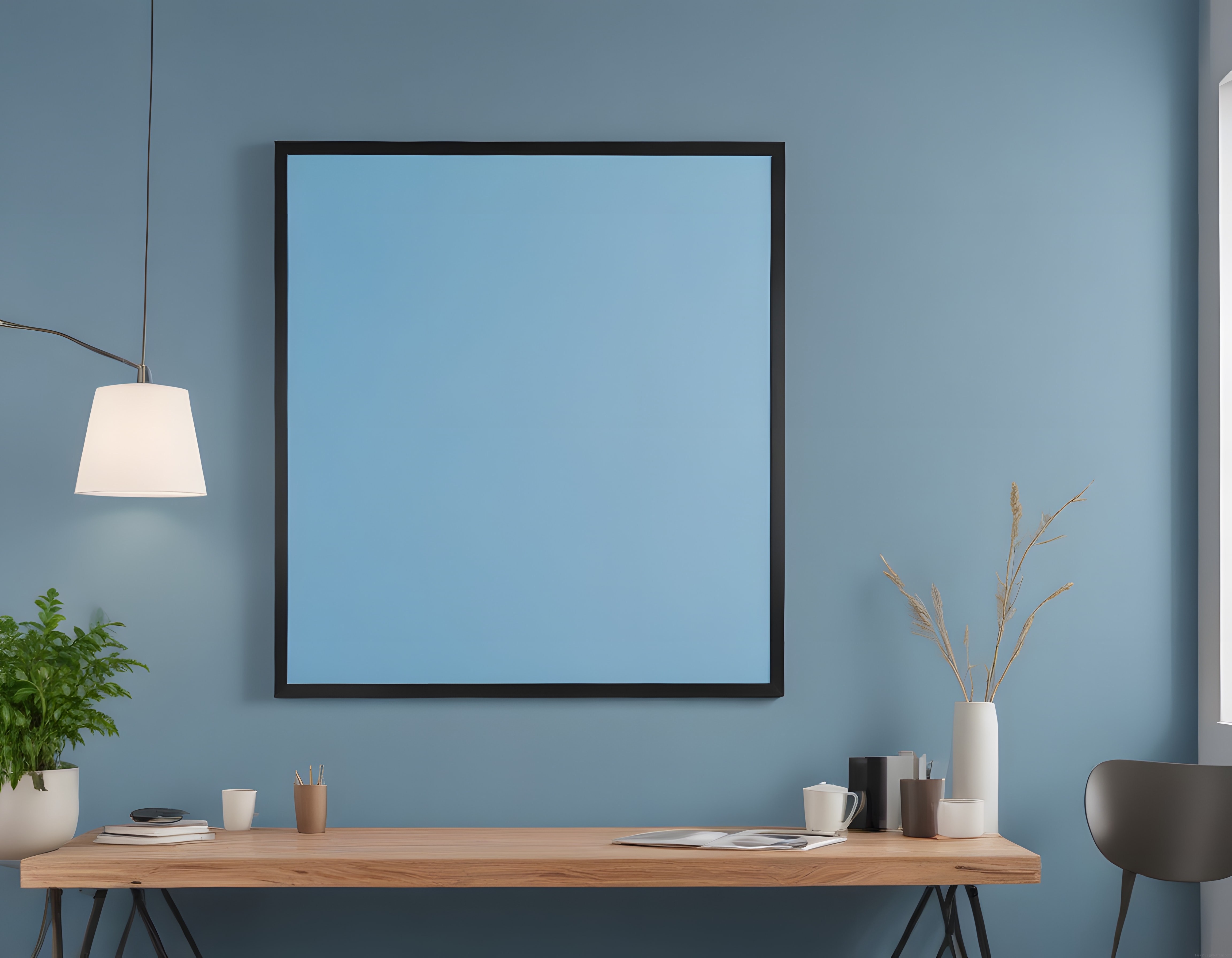 Mavi Duvarlı Minimalist Çalışma Odası Dekorasyonu ve Boş Poster Tasarımı