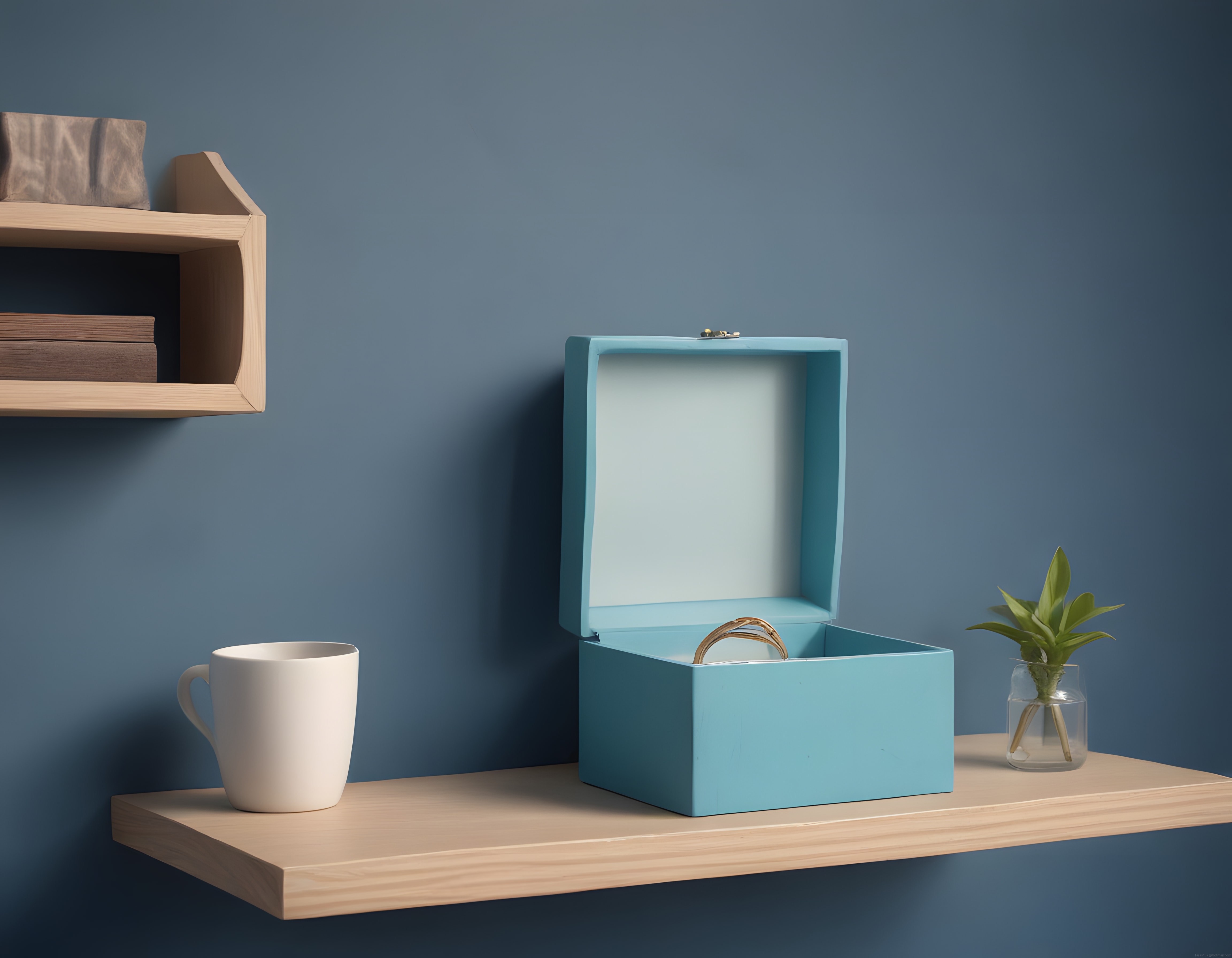 Mavi Duvarlı Minimalist Ev Dekorasyonu: Açık Mavi Kutu ve Beyaz Kupa ile Sadelik