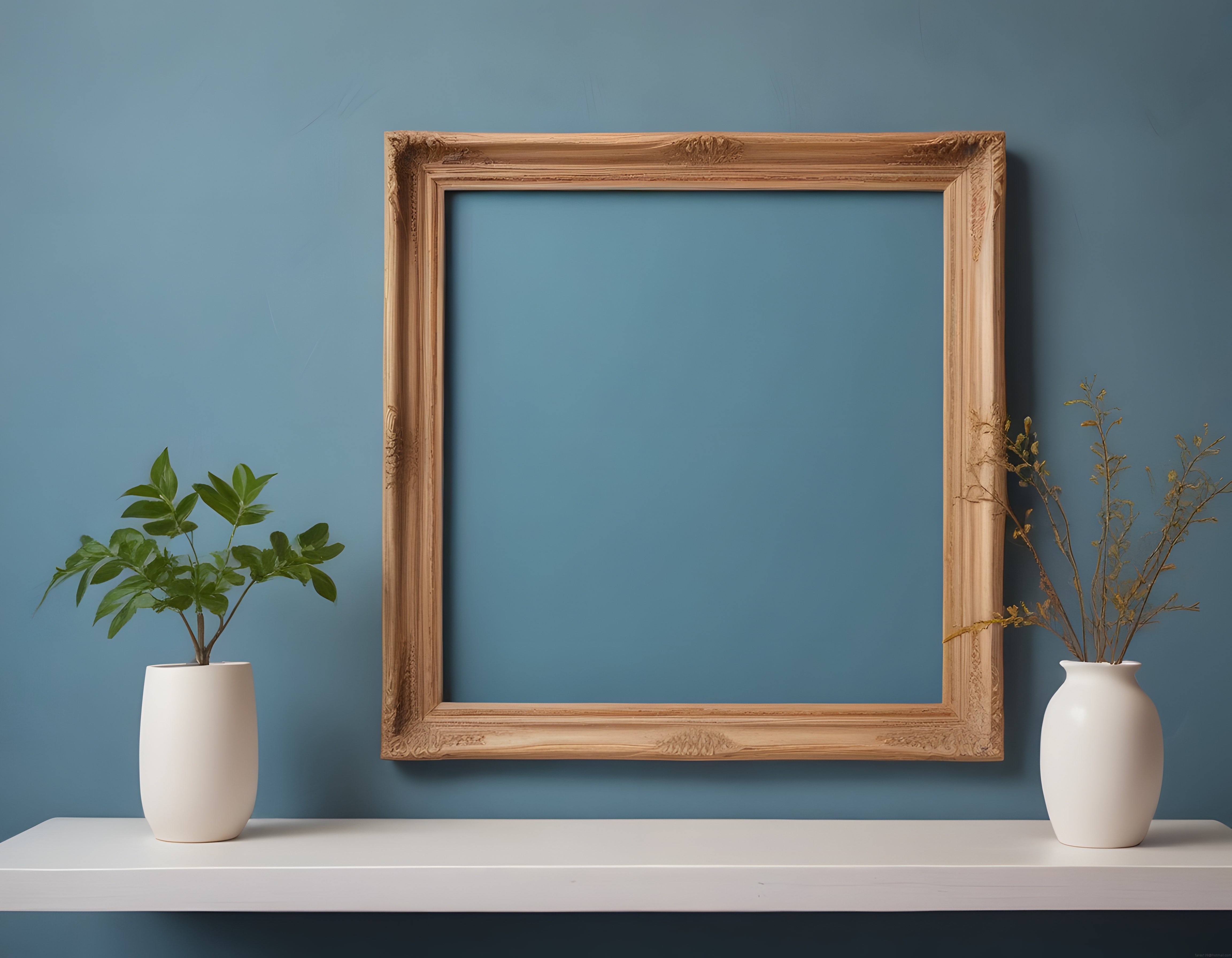 Mavi Duvarlı Minimalist İç Mekanda Boş Ahşap Çerçeve ve Dekoratif Vazolar