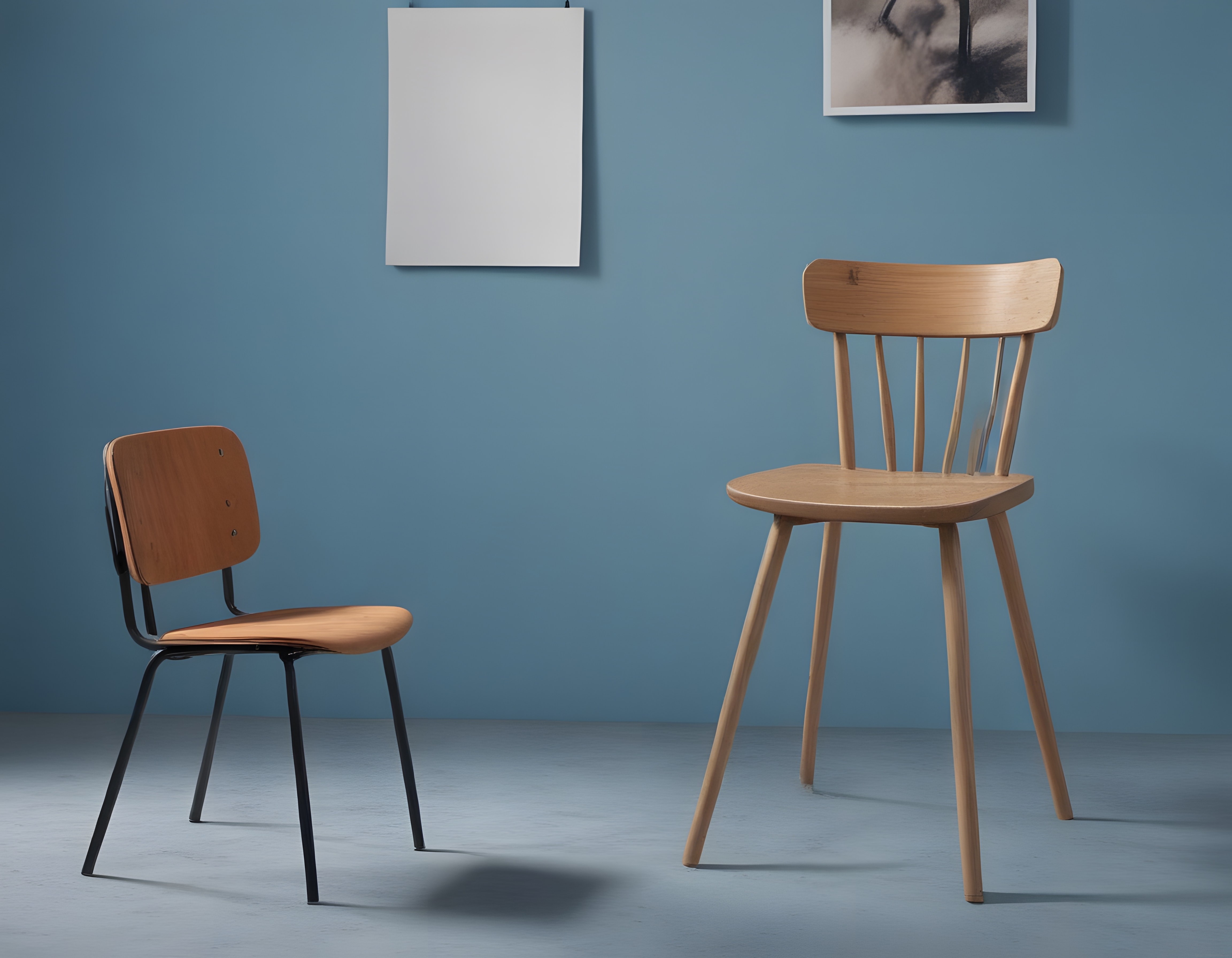 Mavi Duvarlı Minimalist İç Mekanda İki Farklı Modern Ahşap Sandalye