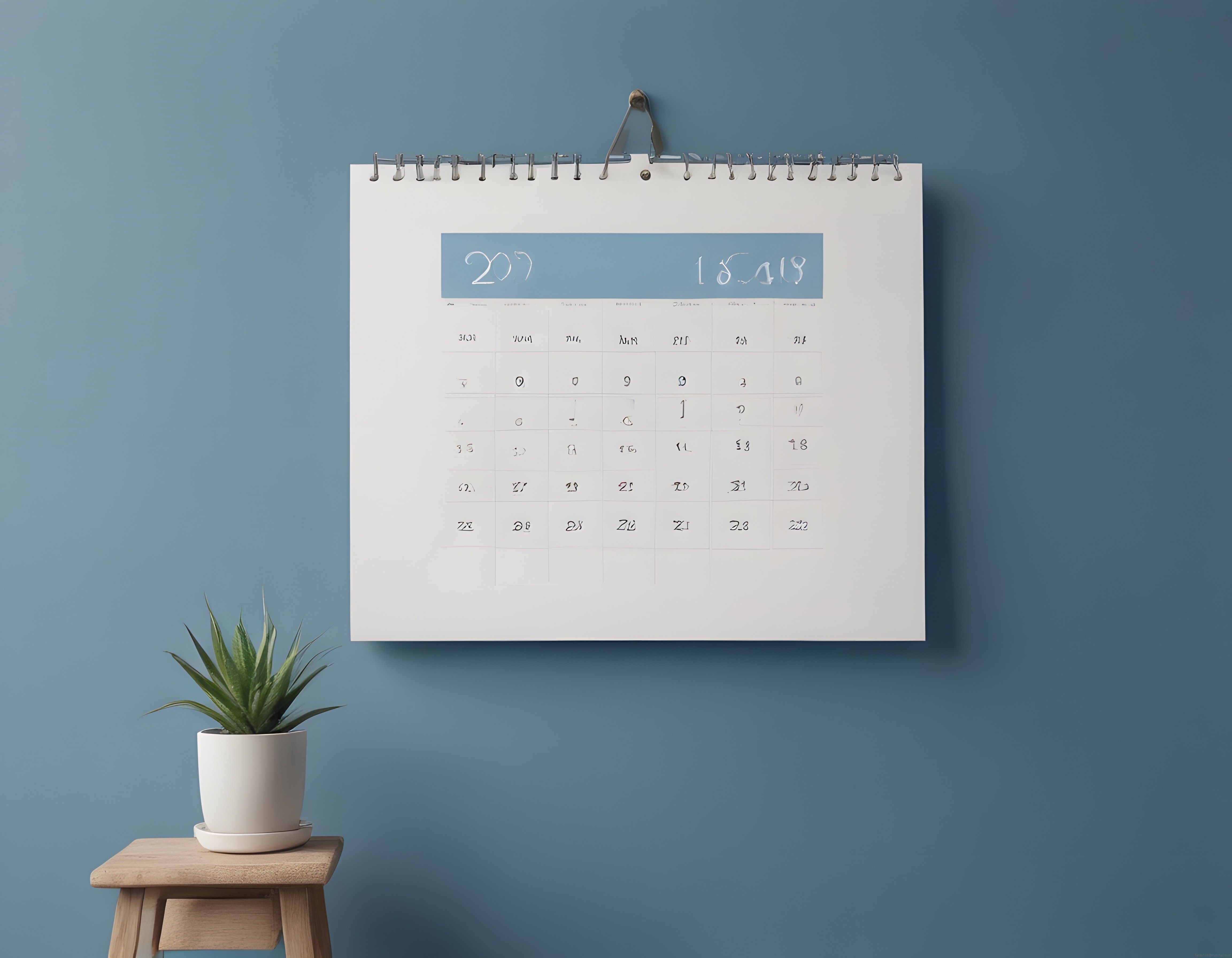 Mavi Duvarlı Minimalist Mekanda Spiral Takvim ve Sulu Bitki Detayı