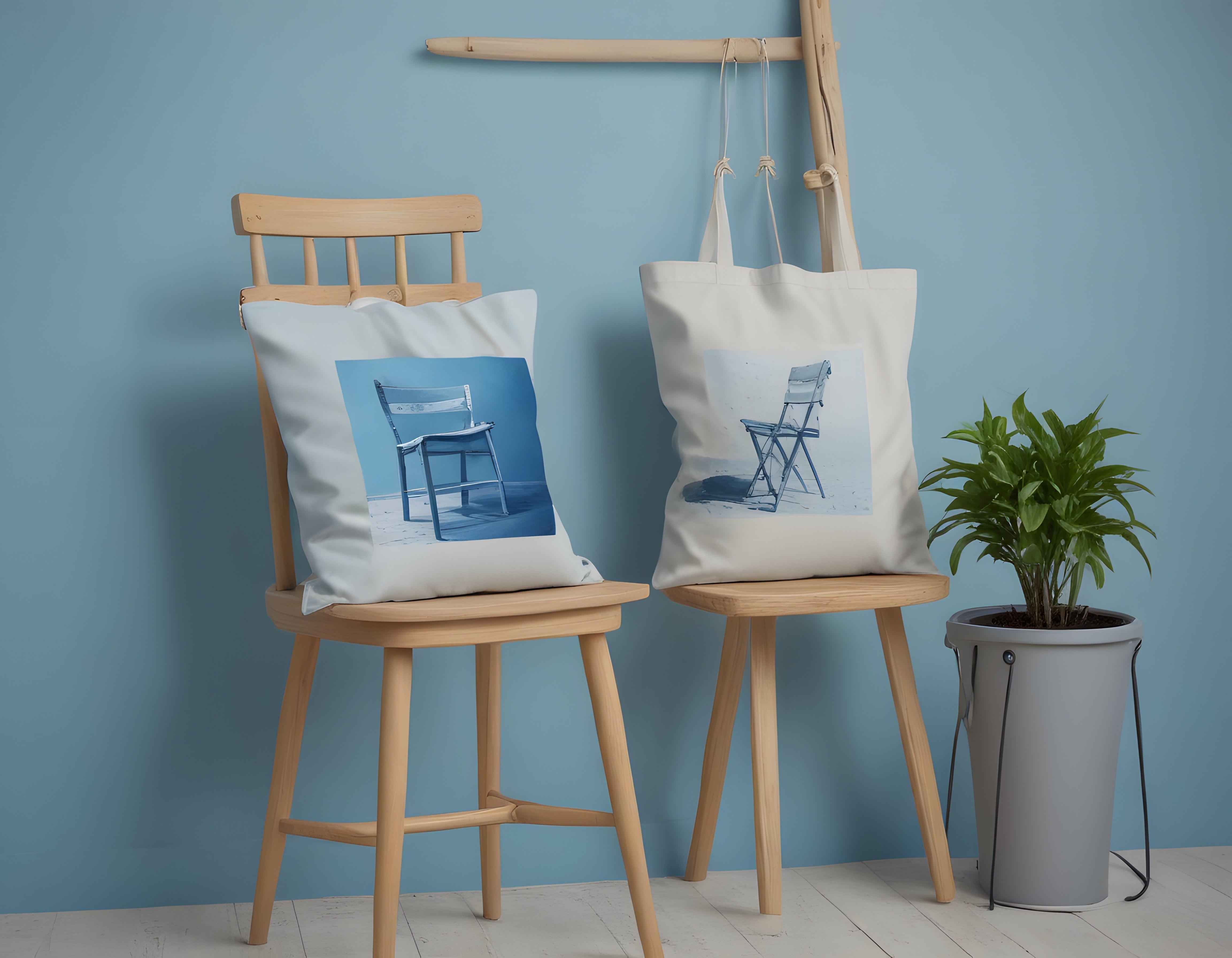 Mavi duvarlı minimalist odada sandalye desenli yastık ve bez çanta dekorasyonu