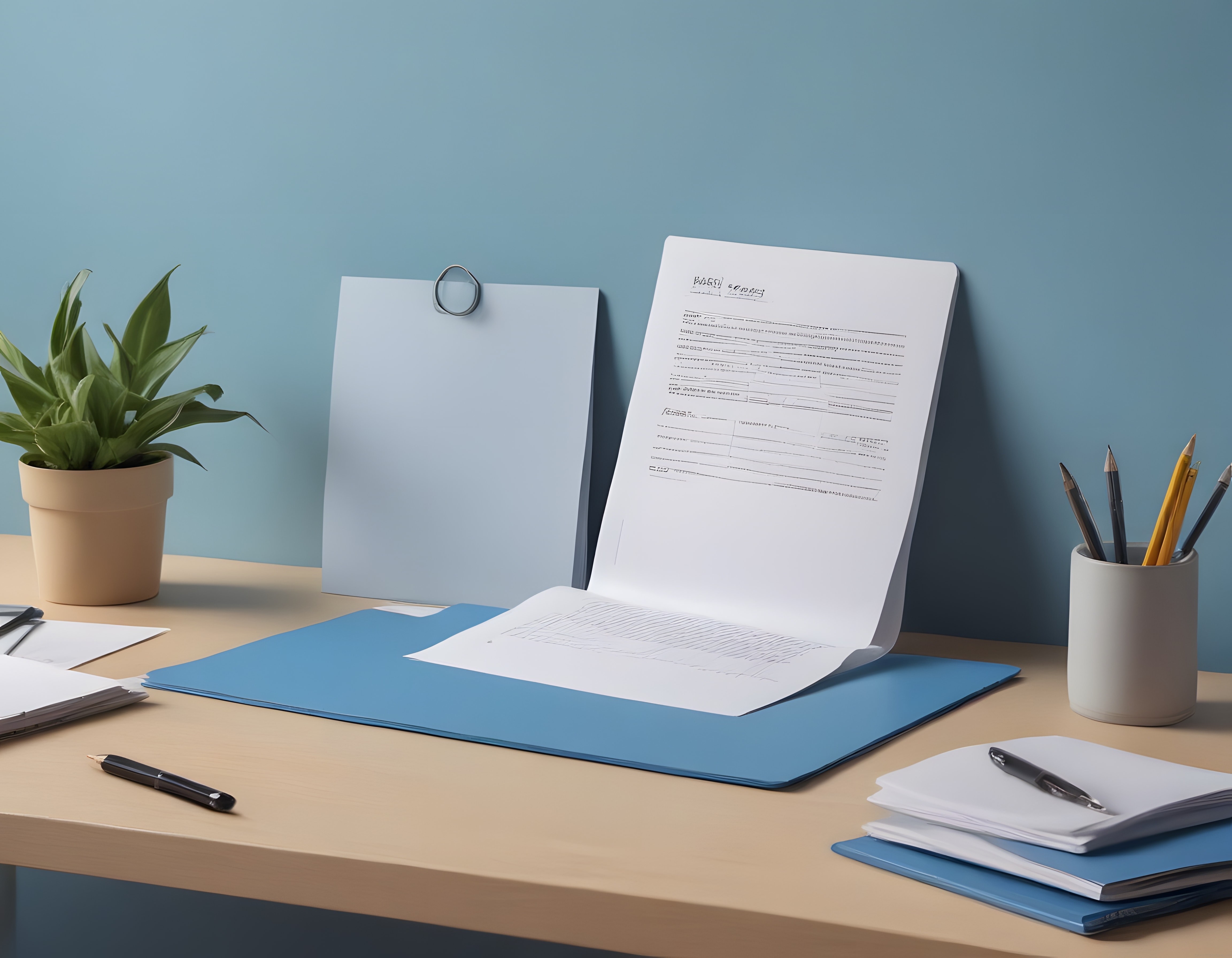 Mavi Duvarlı Minimalist Ofis Masası: Düzenli Çalışma Alanı ve Kırtasiye