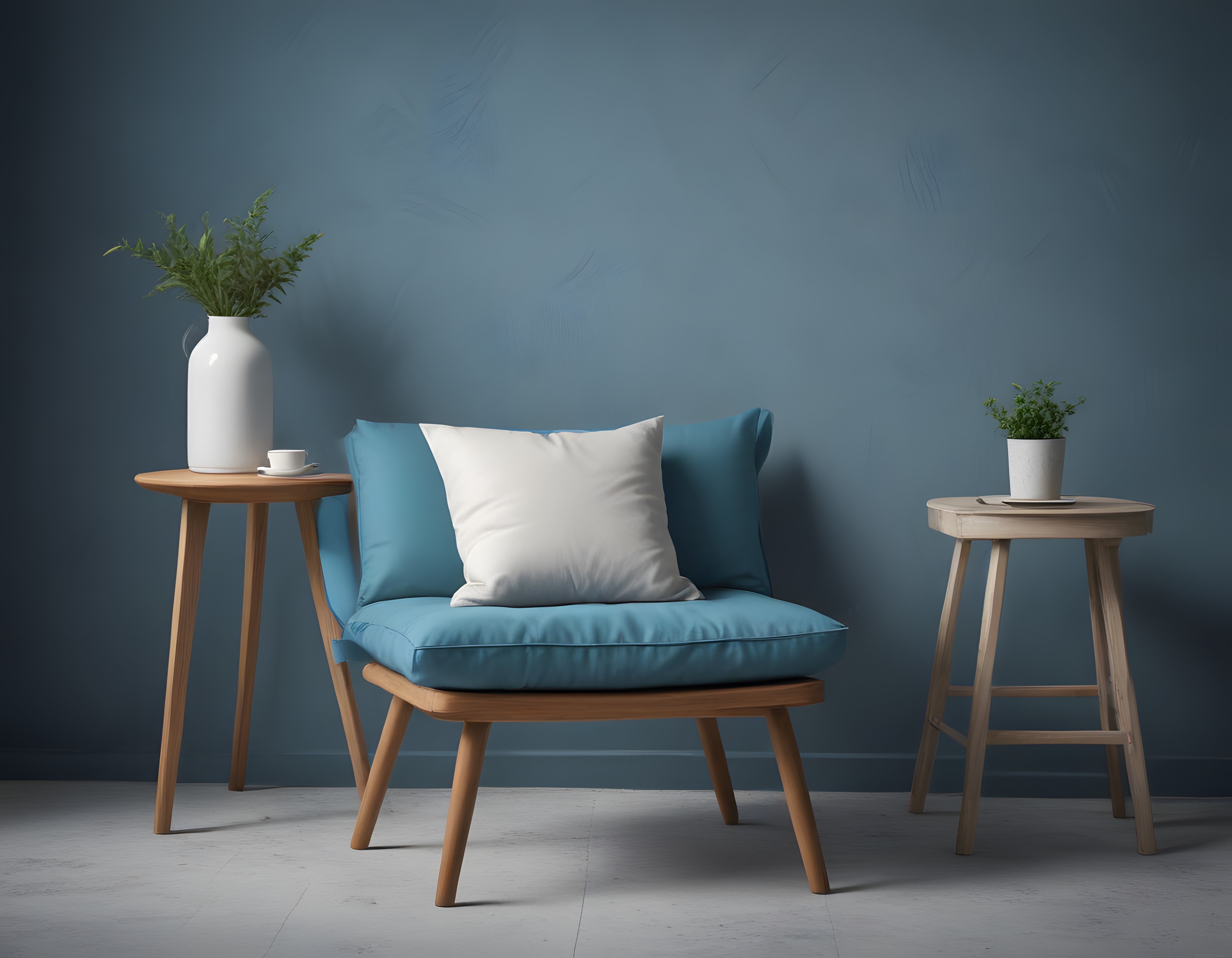 Mavi Duvarlı Minimalist Salon Köşesi: Ahşap Detaylar ve Beyaz Yastıklar