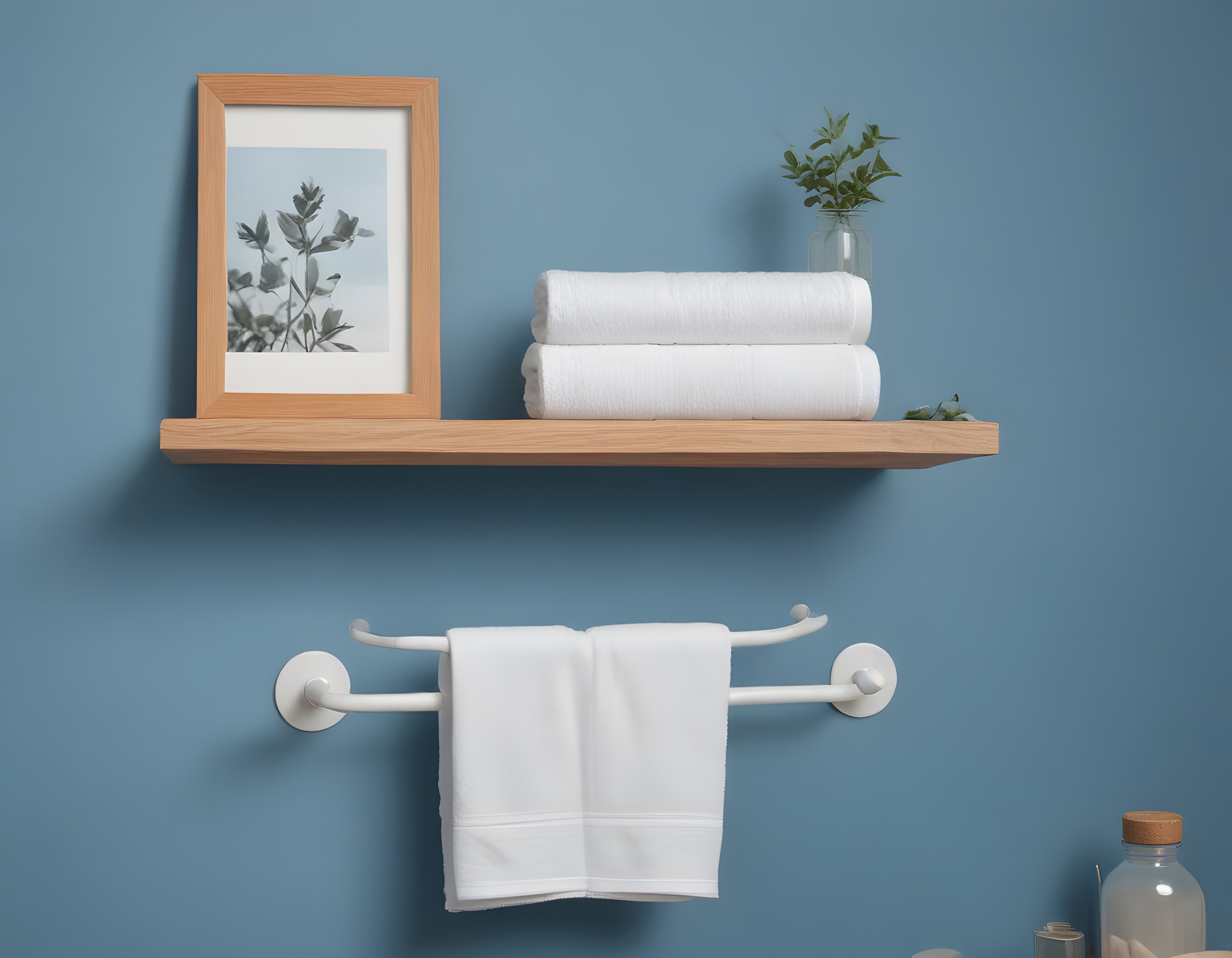Mavi Duvarlı Modern Banyo: Ahşap Raf ve Beyaz Havlu Düzenleme Fikirleri