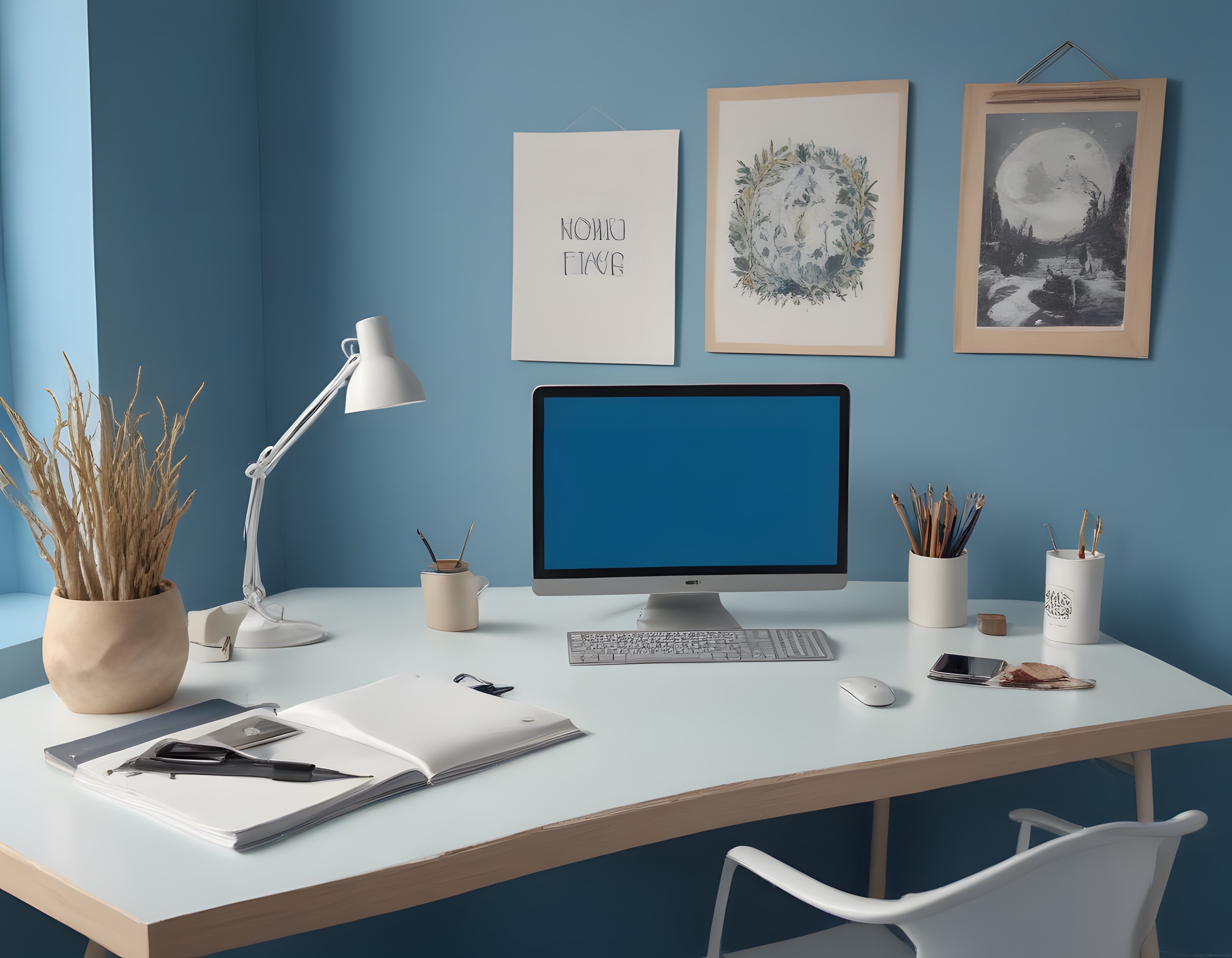 Mavi Duvarlı Modern Home Office: Minimalist Çalışma Masası ve Dekorasyon