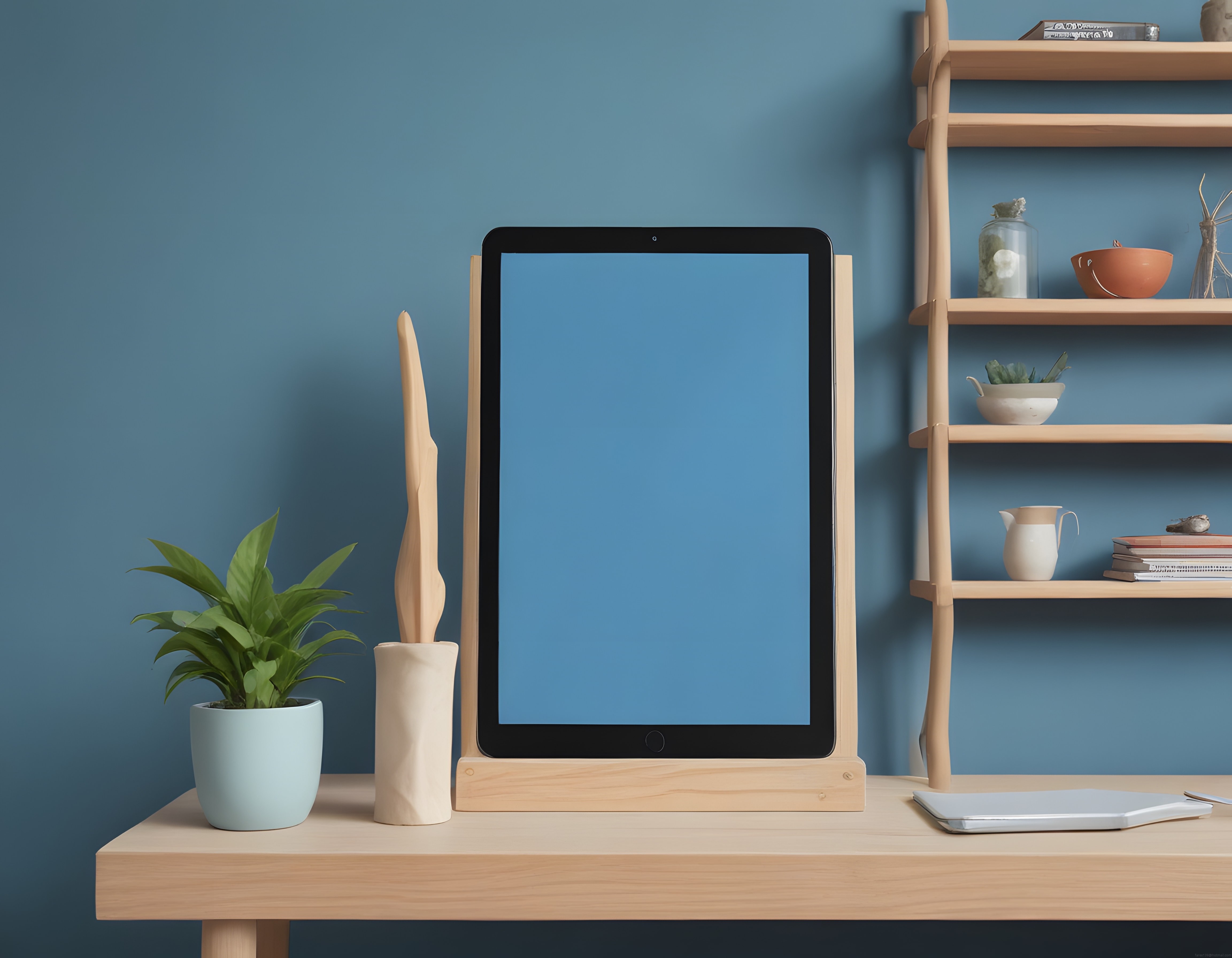 Mavi Duvarlı Modern Ofis Köşesi Ahşap Mobilya ve Dekoratif Tablet Standı