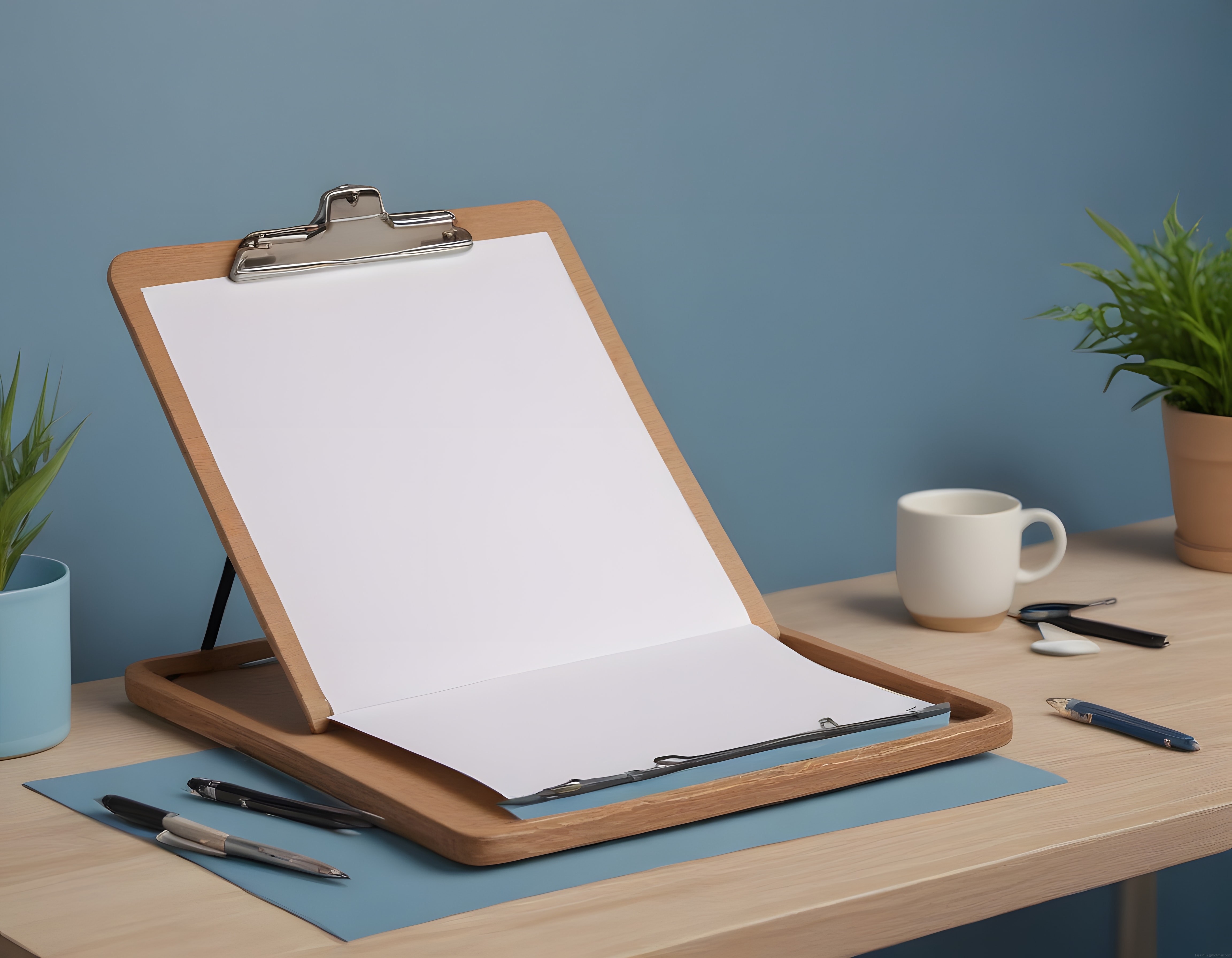 Mavi Duvarlı Ofis Köşesinde Ahşap Clipboard ve Minimal Masa Düzeni