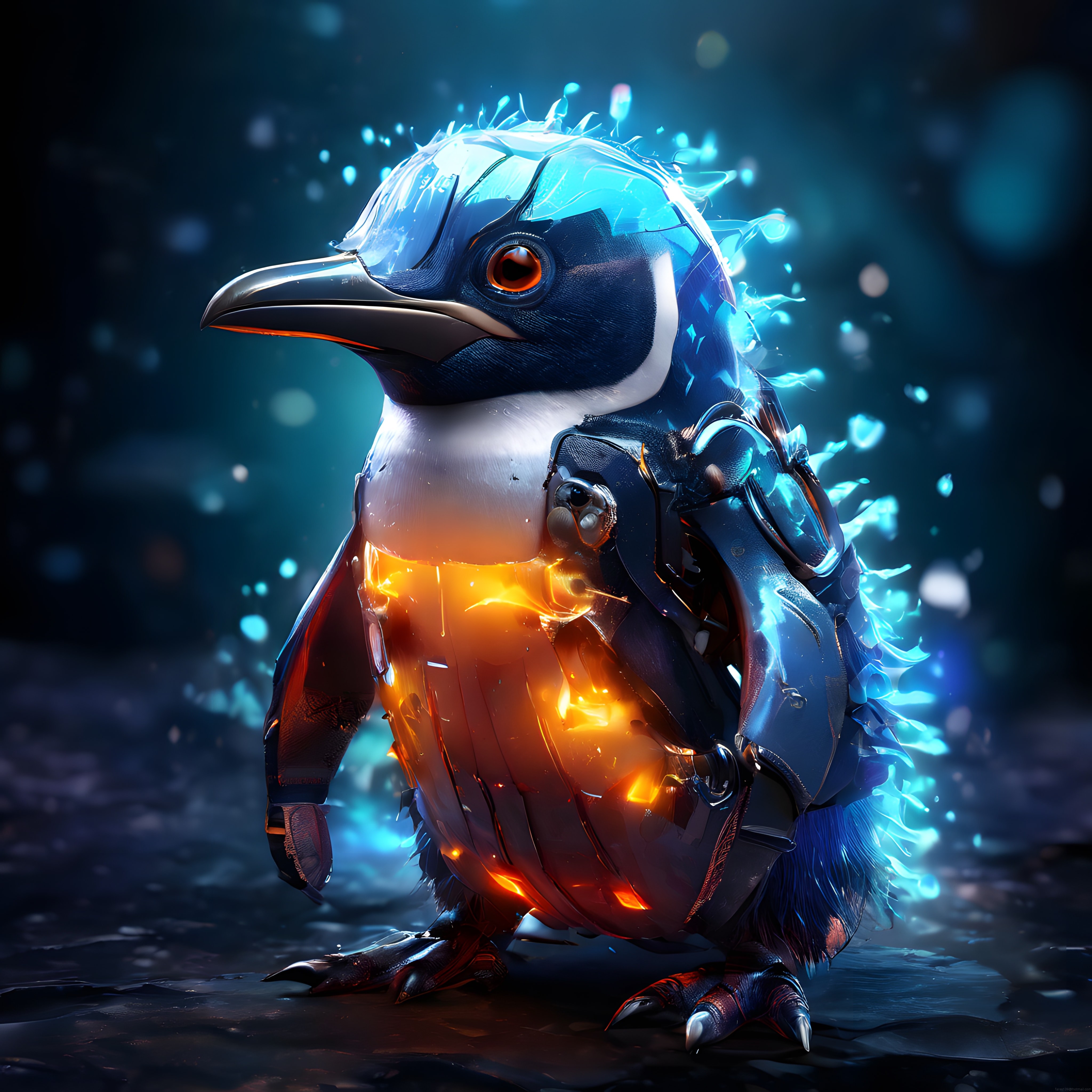 Mavi Enerjiyle Çevrili Mekanik Penguen: Dijital Fantastik Karakter Tasarımı