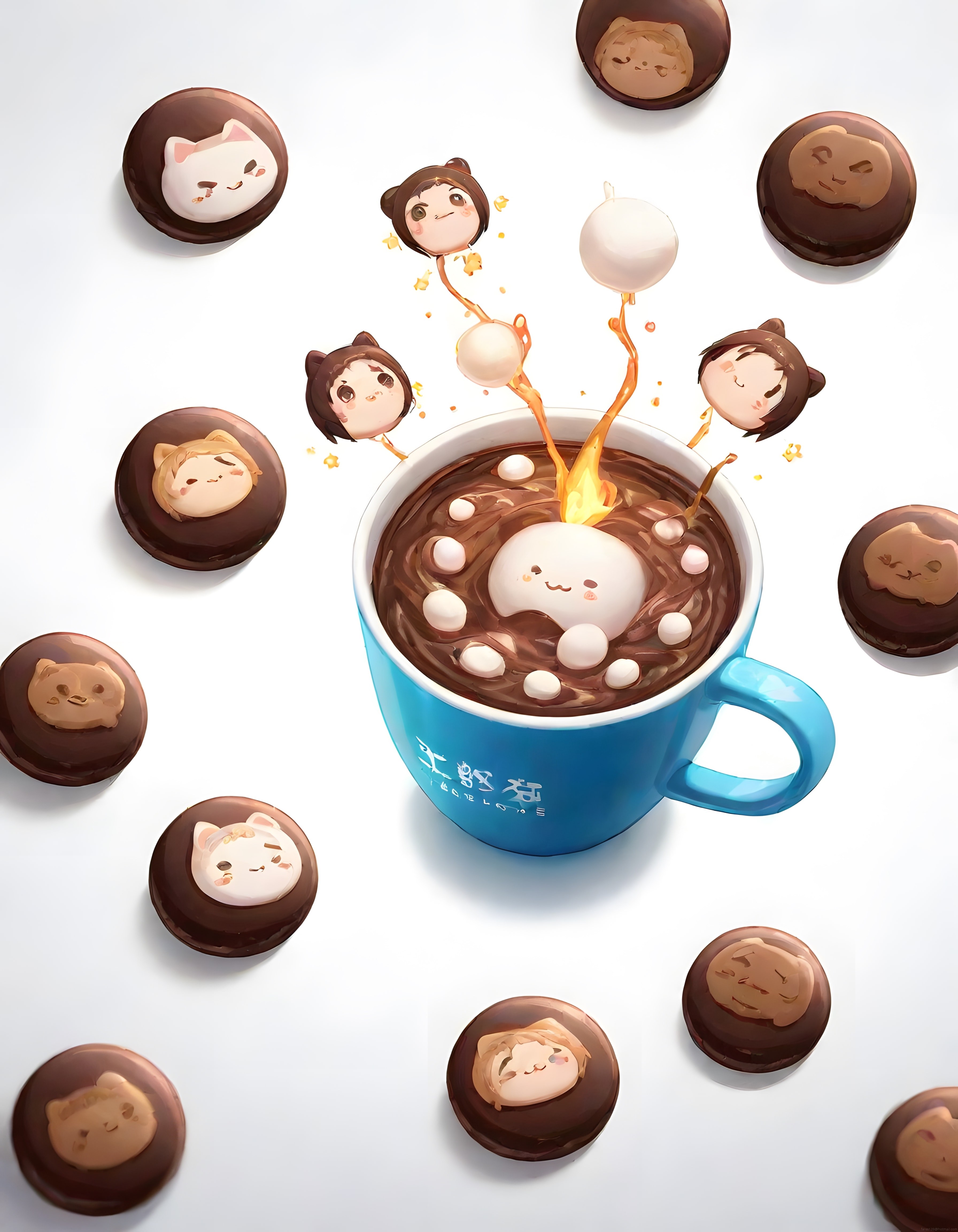 Mavi Fincanda Sıcak Çikolata ve Uçan Sevimli Marshmallow Karakterleri