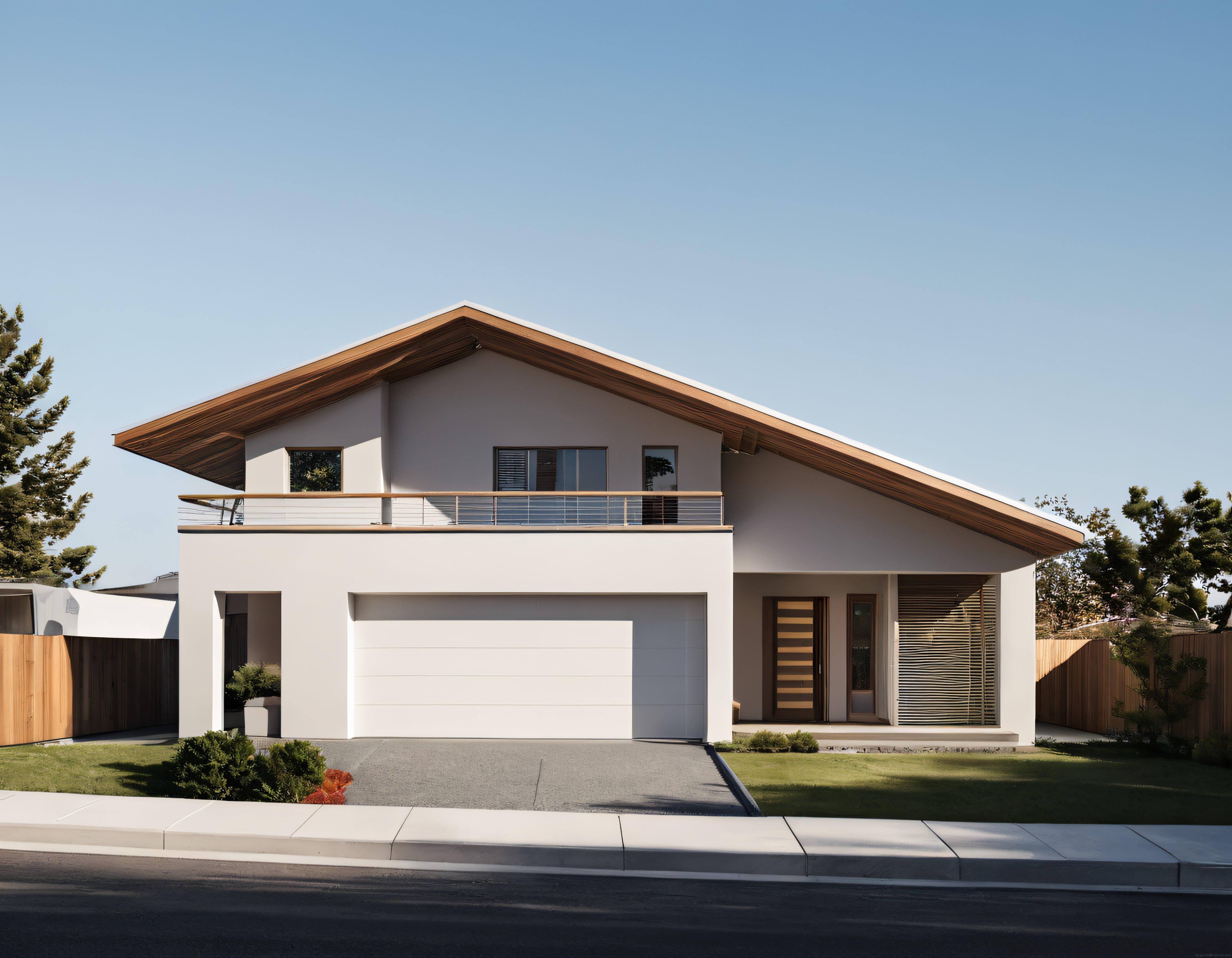 Mavi Gökyüzü Altında Modern Çatılı Villa ve Geniş Bahçe Manzarası