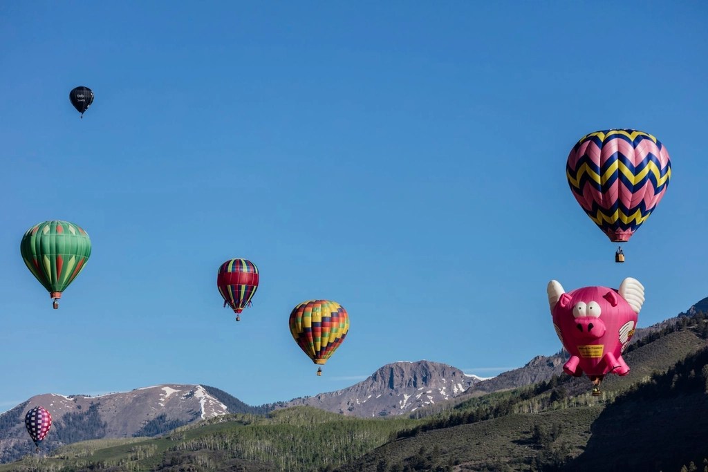 mavi gökyüzünde renkli sıcak hava balonları ve sevimli domuz şekilli balon