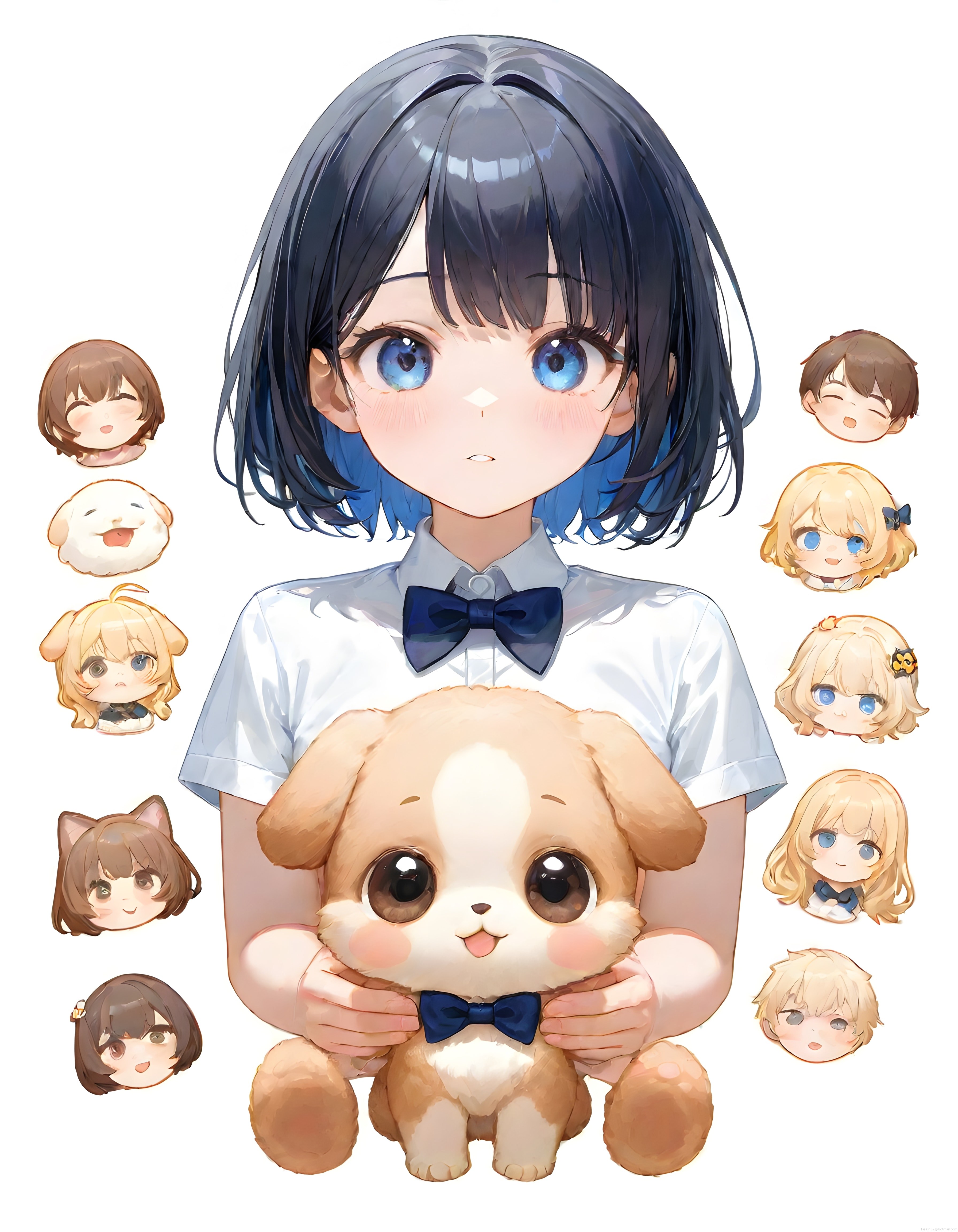 Mavi Gözlü Anime Kız ve Sevimli Köpek Yavrusu ile Çevresindeki Chibi Karakterler