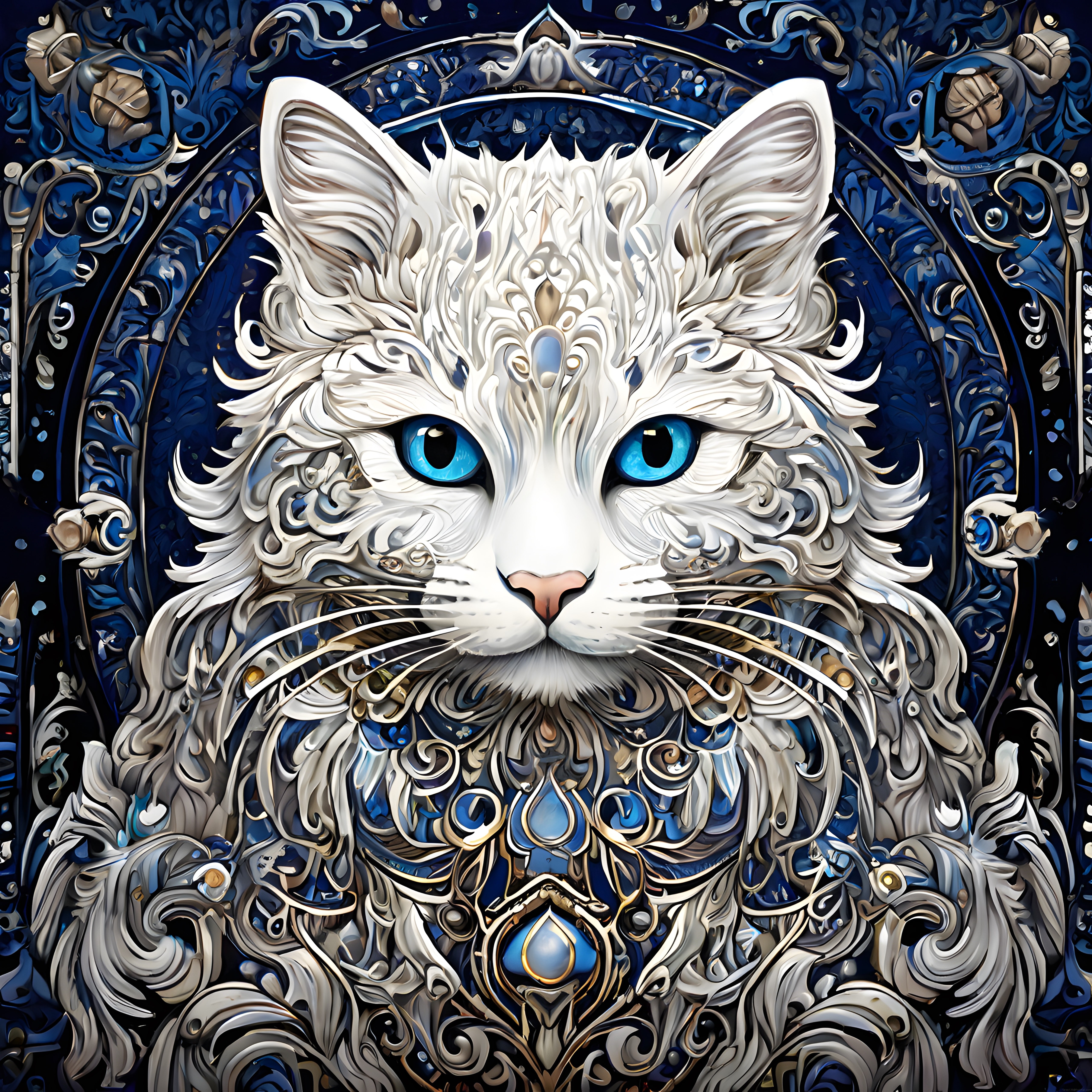 Mavi Gözlü Beyaz Kedi: Art Nouveau Tarzı Fantastik Dijital Sanat Eseri