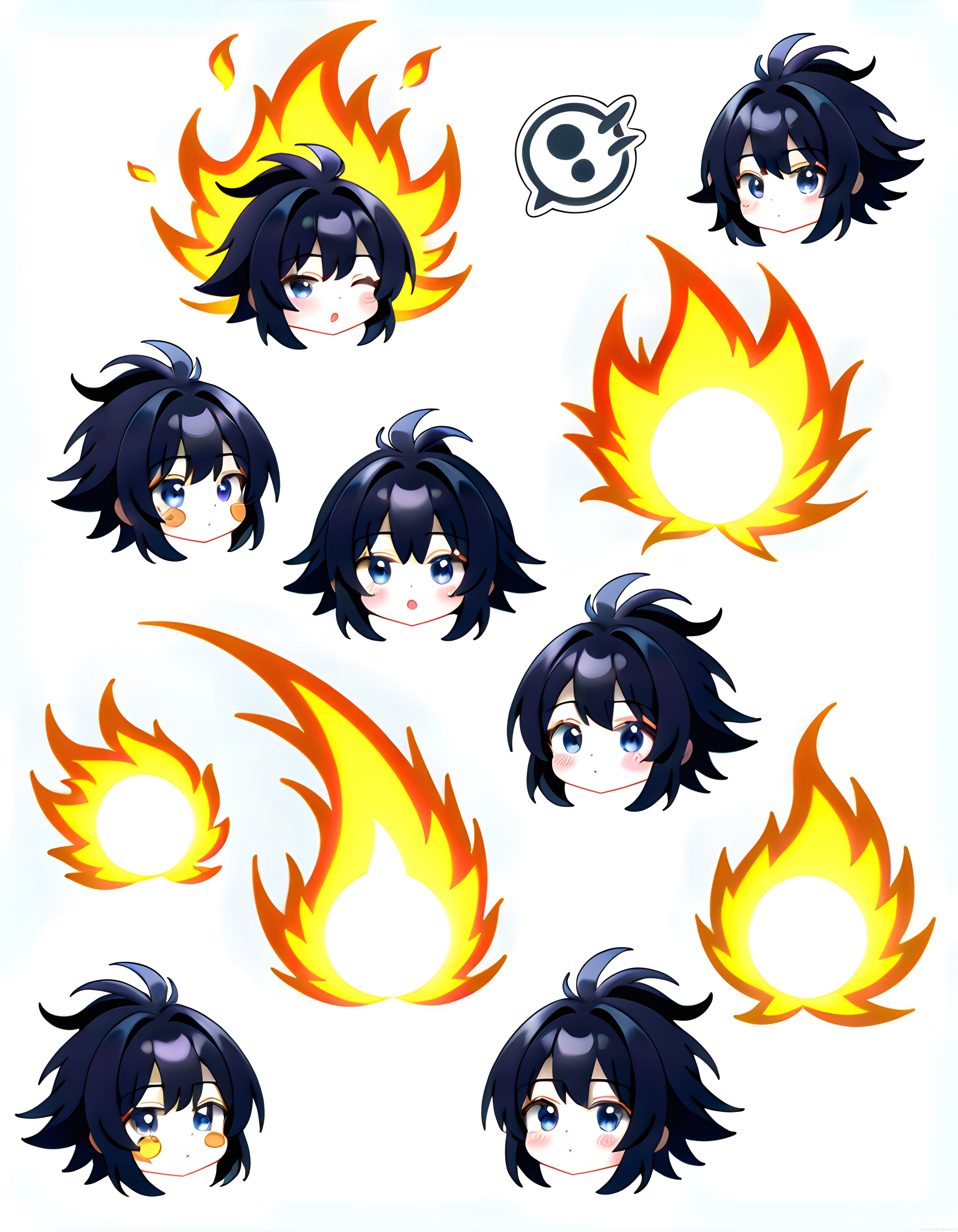 Mavi gözlü chibi karakterler ve alev halkaları içeren anime dijital sanat seti