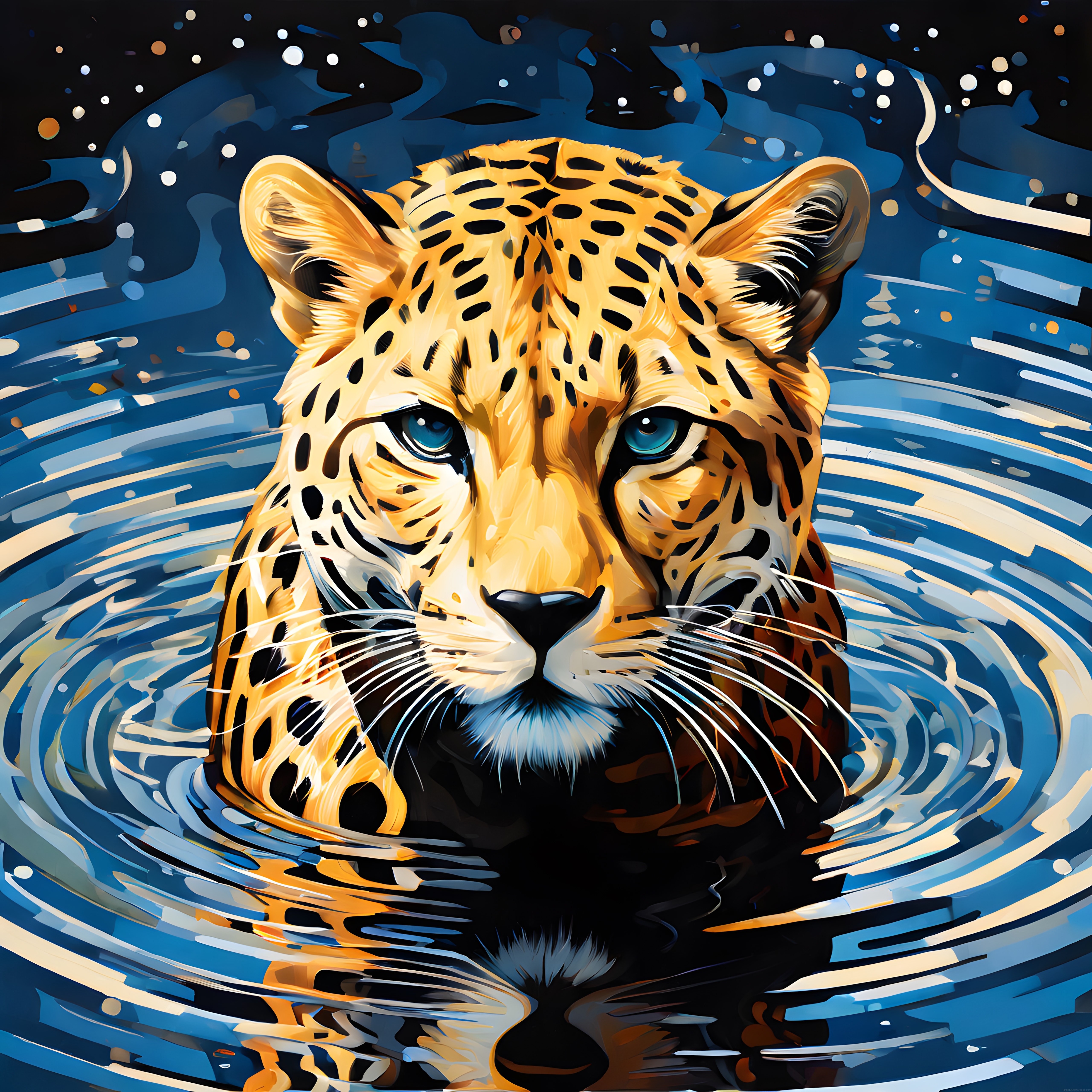 Mavi Gözlü Leoparın Suyun İçindeki Gizemli Dijital Sanat Portresi
