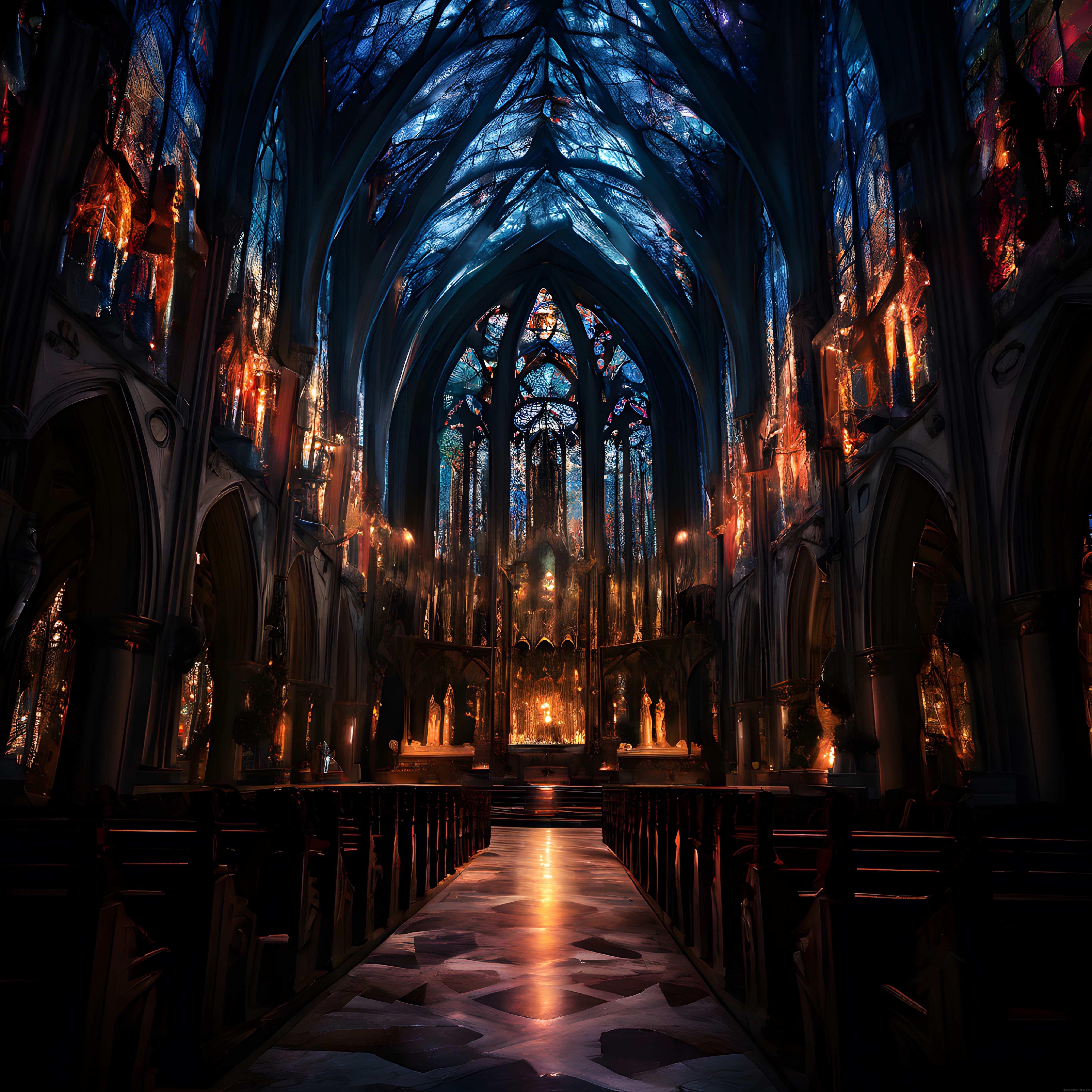 Mavi Işıklar ve Mum Aydınlatmalı Gotik Katedral İçi ve Vitray Pencereler