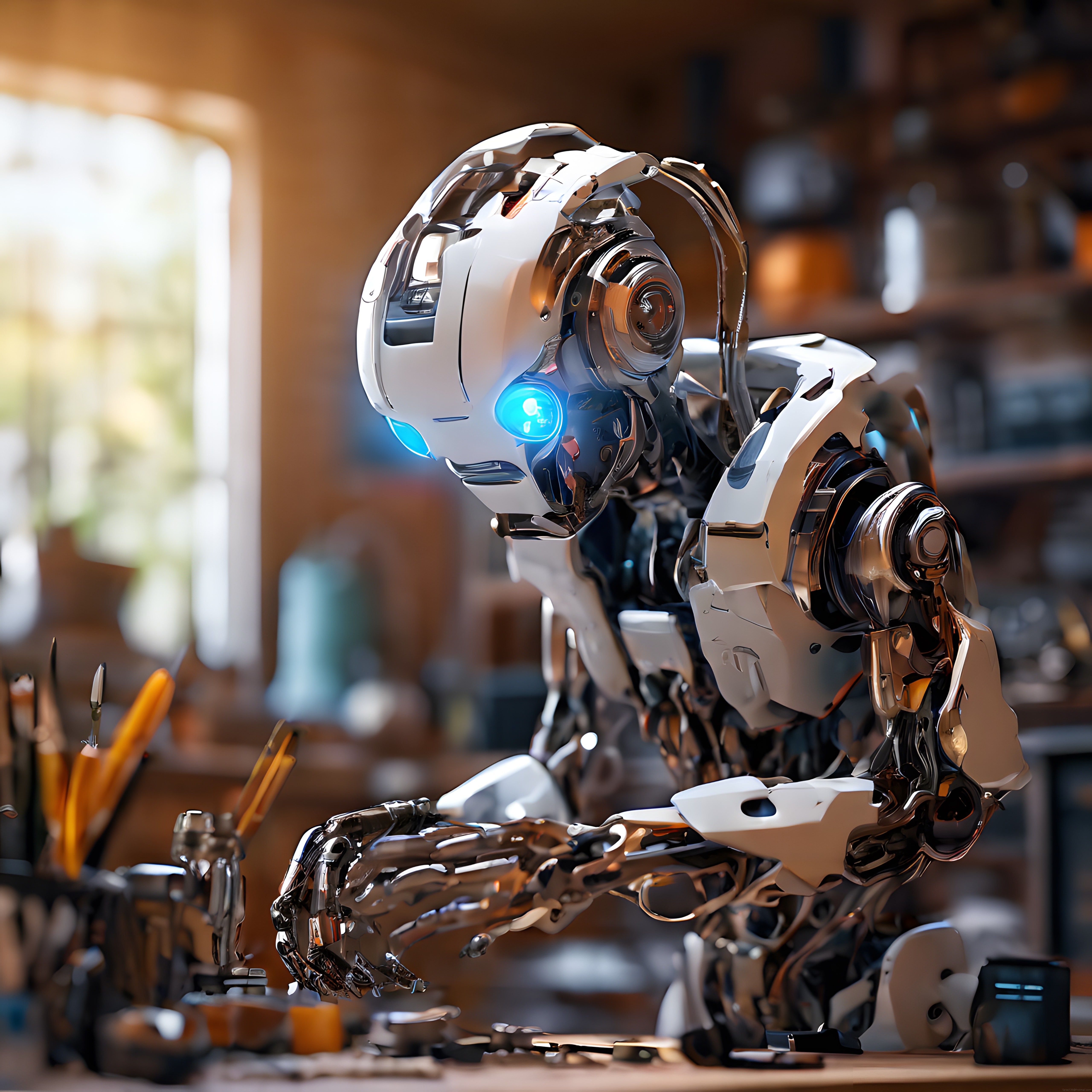 Mavi Işıklı Geleceğin Robotu Ahşap Atölyede Hassas İşçilik Yaparken